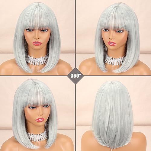 Miniatura 5 de LINGHANG Pelucas cortas de estilo Bob negro con flequillo, pelucas sintéticas rectas para mujer, peluca corta negra de aspecto natural, resistente