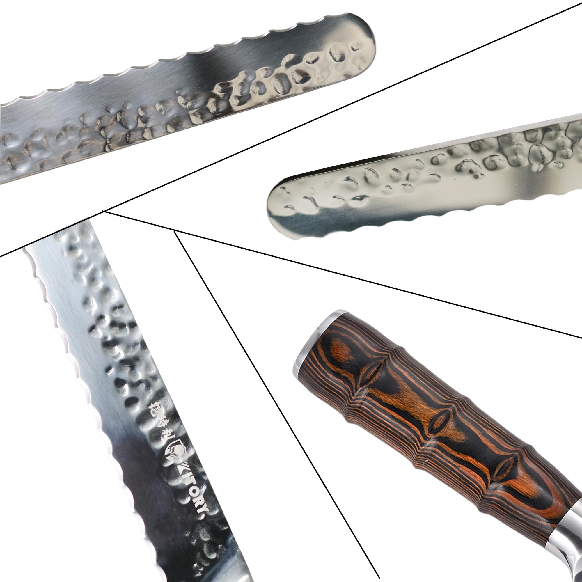 Kitory Couteau à pain professionnel de 25,5 cm avec lame dentelée en acier inoxydable de haute qualité, lame extra tranchante, manche ergonomique, design de lame martelée.