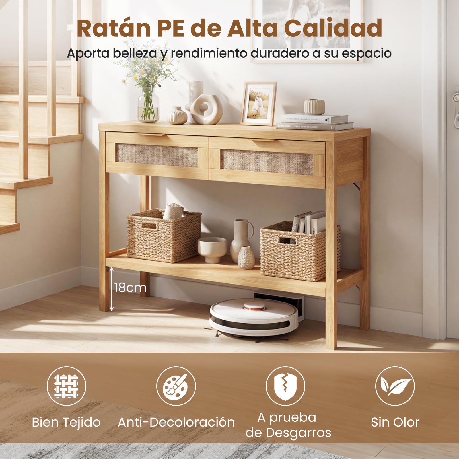 COSTWAY Mesa Consola Estrecha, Consola de Recibidor con 2 Cajones de Ratán, Estante de Almacenamiento Abierto, Kit Antivuelco, Mesa Auxiliar de Sofá para Entrada, Pasillo, 100 x 35 x 76 cm (Natural)