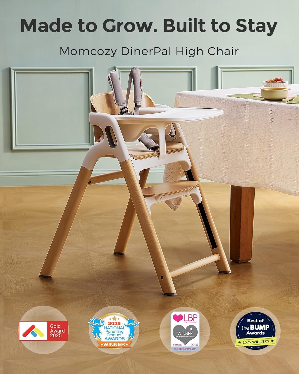 Momcozy DinerPal Drewniane krzesełko dla niemowląt, małych dzieci i dorosłych do 140 kg, rozkładane krzesełko dla niemowląt z tacą klasy spożywczej, nadaje się do mycia w zmywarce, regulowane i