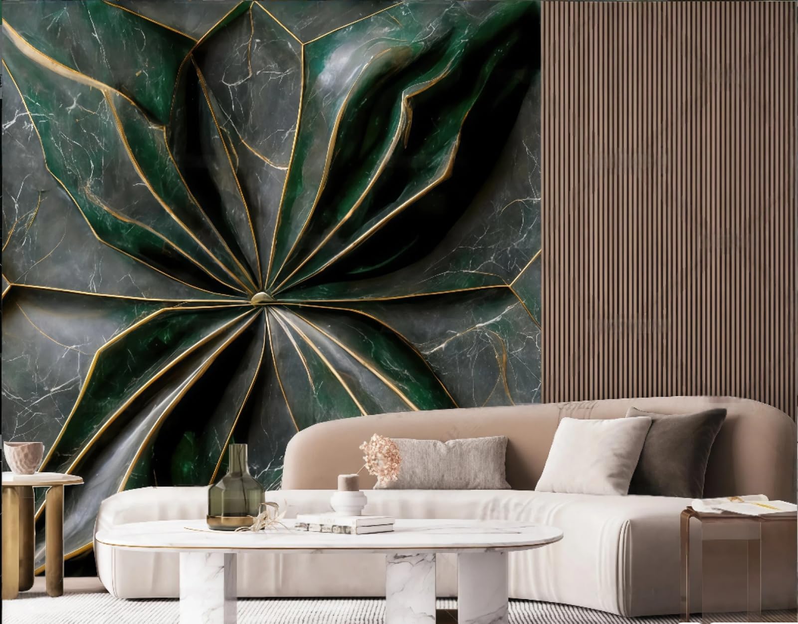 Tapeta trójwymiarowa złota linia romb skała relief abstrakcyjny kamień szlachetny zielony marmurowy wzór TV sofa tło tapeta ścienna salon restauracja kawiarnia mural, 3D, 200 x 140 cm