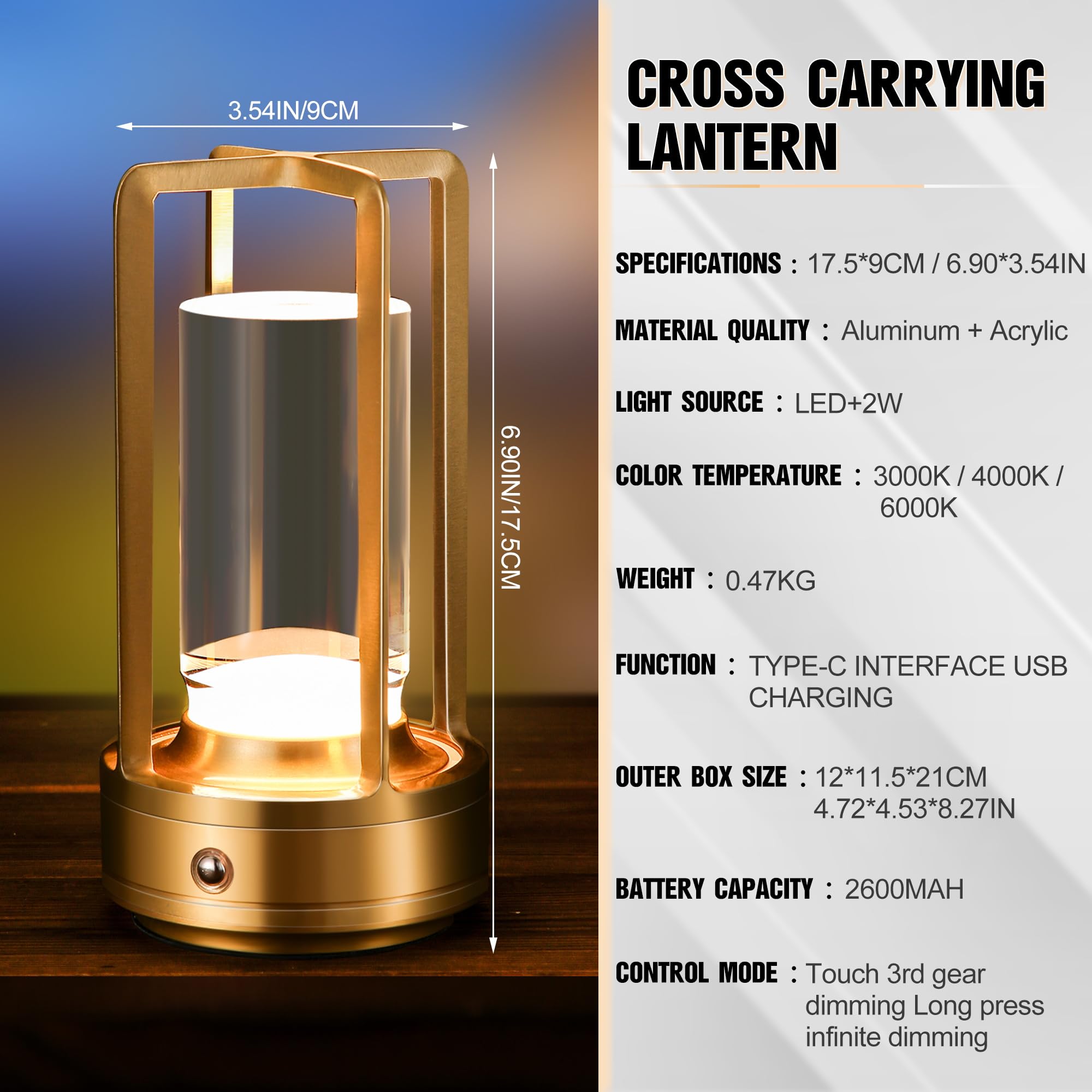 Lámpara de mesa portátil de metal, lámpara de mesa inalámbrica, luces recargables a pilas, lámparas de mesa LED, toque de atenuación continua de 3 colores, para dormitorio, restaurante, hogar, 5