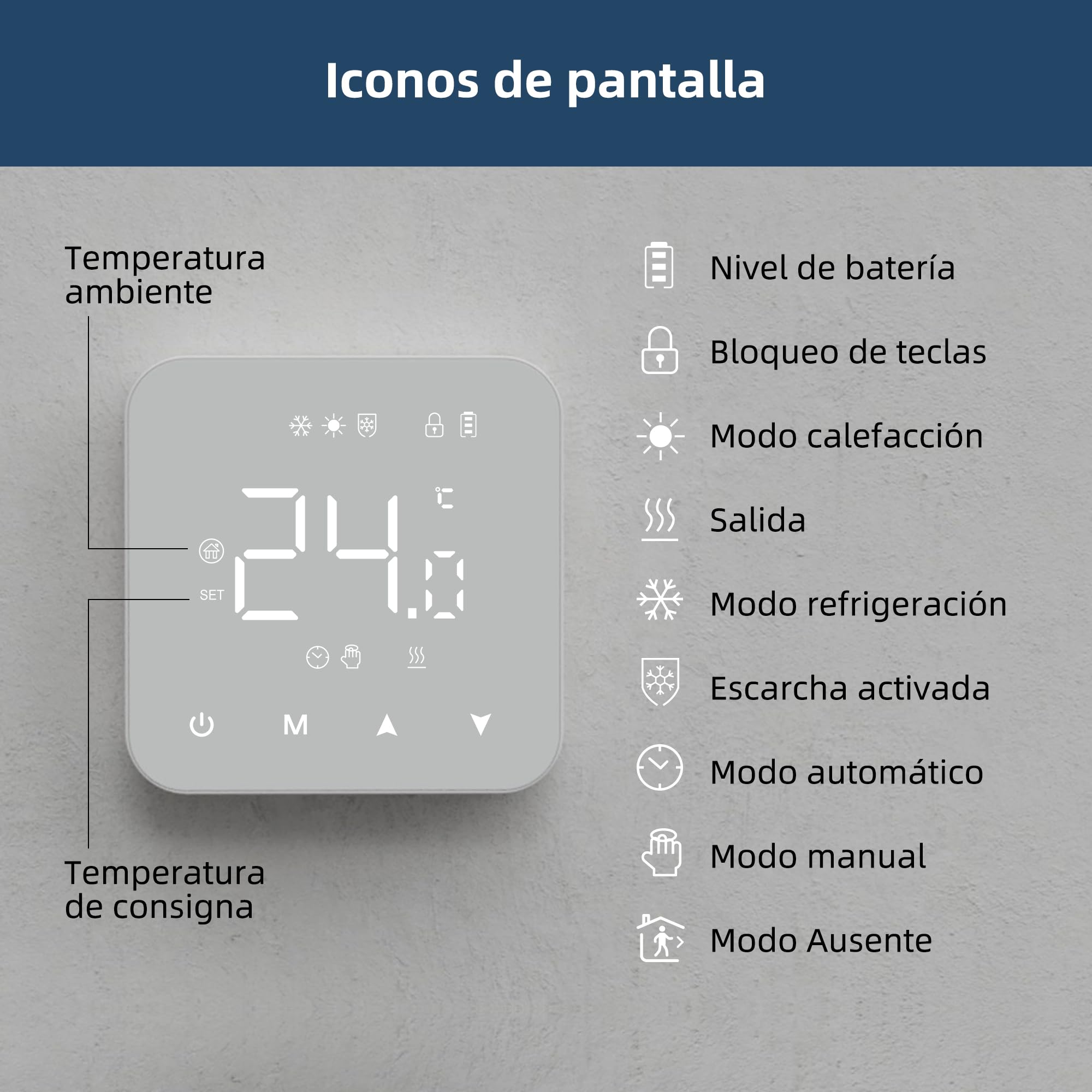 Termostato para calderas de Gas, Alimentado por Pilas, con Pantalla táctil. Termostato de Pilas de Dos Cables.Blanco 3A R3W