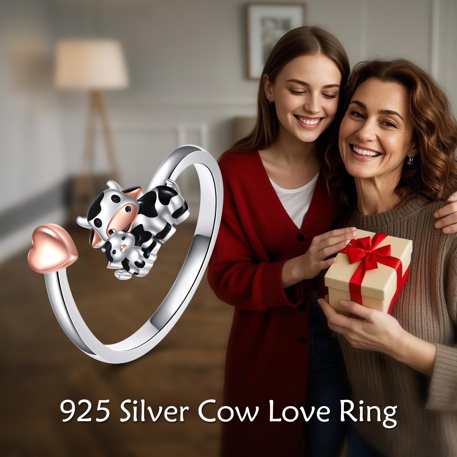 YFN Anello a forma di mucca in argento sterling con simpatico animale, per compleanno, congratulazioni, amore, regalo da donna