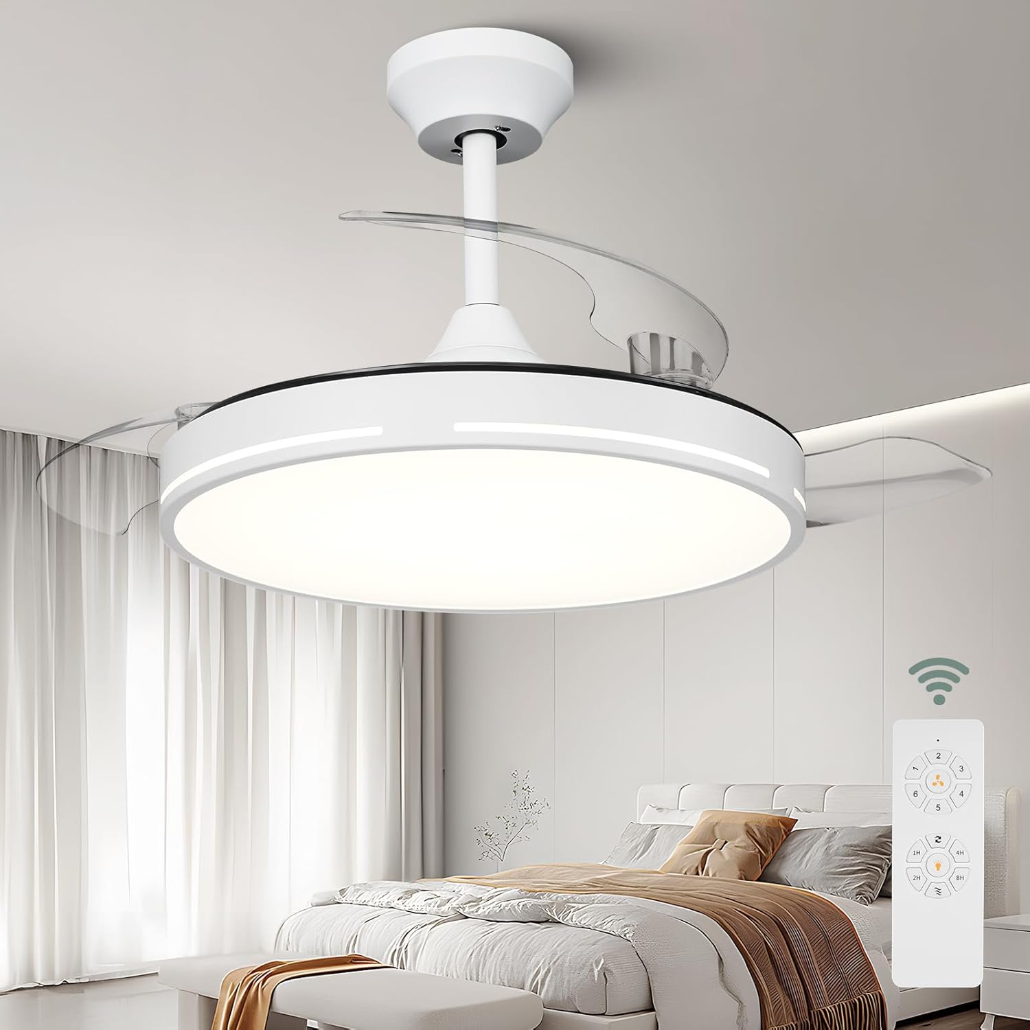 42 inch Full Spectrum Ceiling Fan, Retractable Ceiling Fan with Light and Remote, White Modern Fandelier with LED Memory Light Retractable Blades DC Motor for Bedroom Living Dining Room