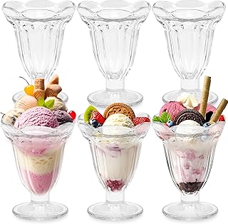6 Pack Glass Tulip Sundae Cups, 6.7 oz Cute Footed Dessert Bowls Clear M...