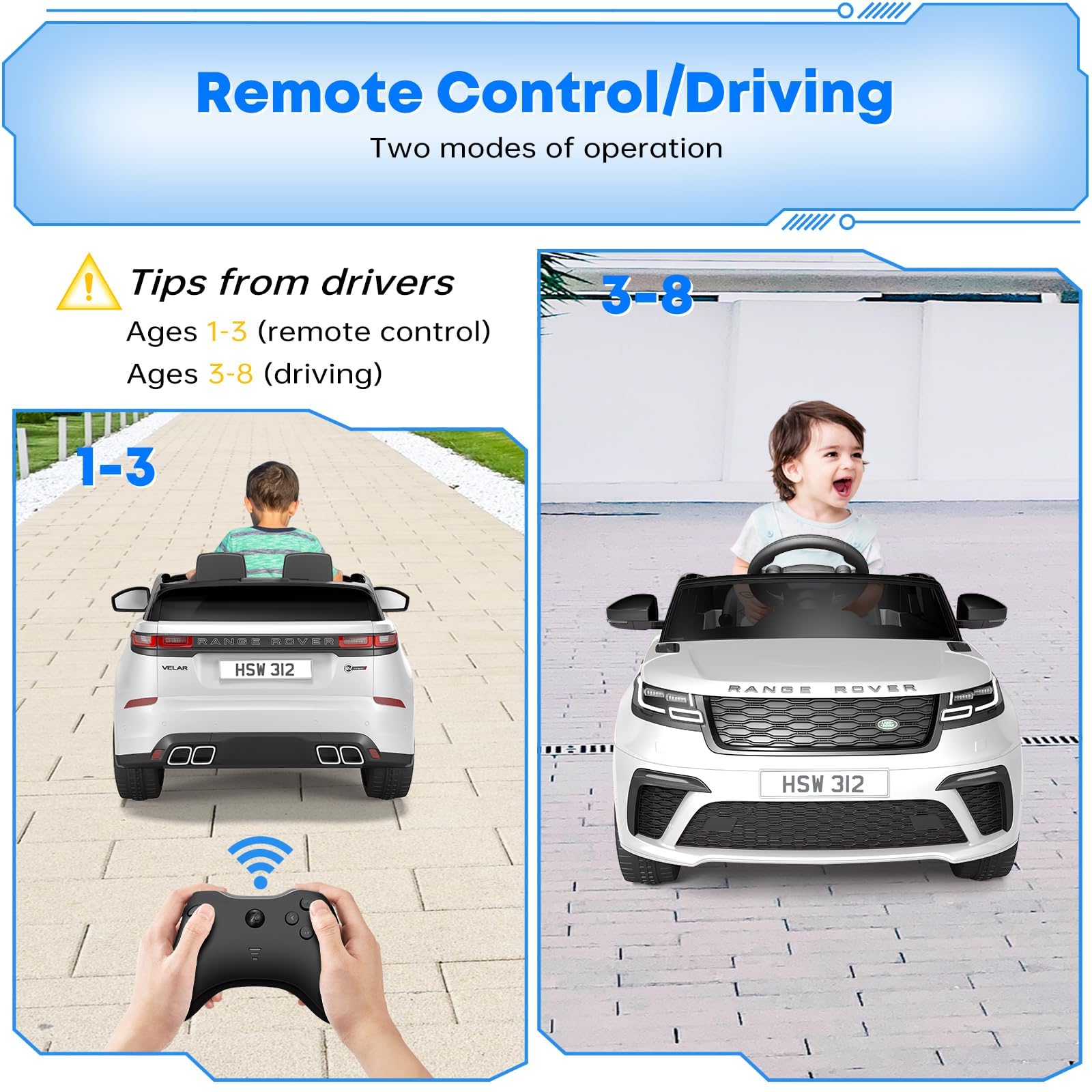 Garvee Land Rover Auto Elettrica per Bambini Licenza Ufficiale 12V, Bianco | 2 Posti,Telecomando 2.4G Sospensioni Indipendenti LED USB Bambini 3-8 Anni