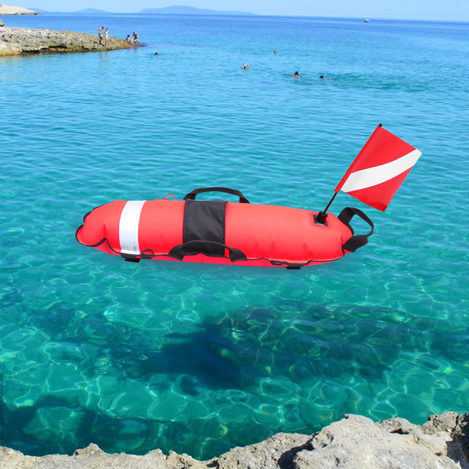 ULTECHNOVO Rote Aufblasbare Tauchboje mit Tauchflagge für Offenes Wasser | Nylon Ausführung, Schnell Aufblasbar, Hohe Sichtbarkeit, Leichtes Zubehör für Open Water Abenteuer