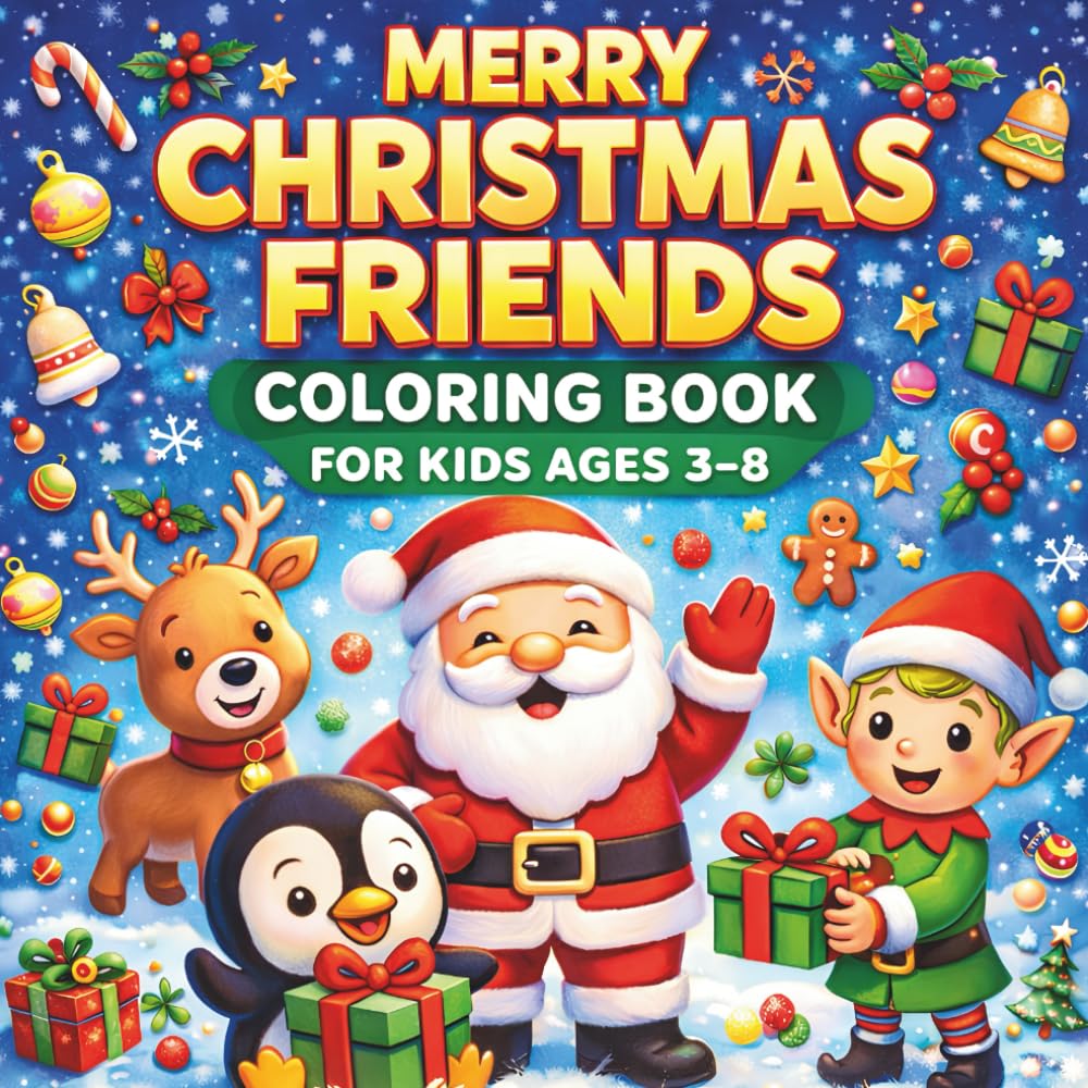 Merry Christmas Friends Coloring Book for Kids Ages 3–8: Cute Santa, Snowman, Reindeer, Penguin & Elf Coloring Pages with Fun Floating Christmas Decorations