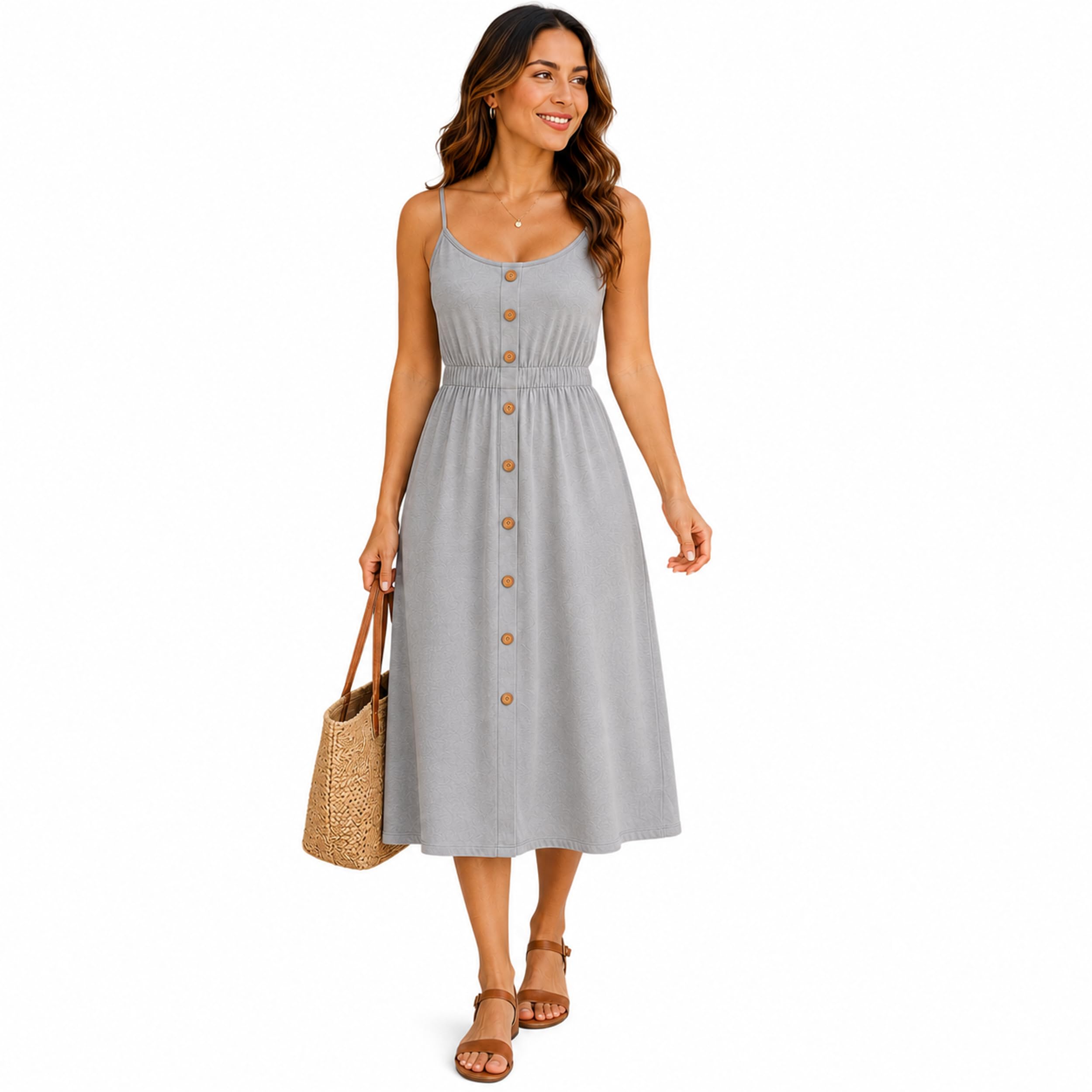 es-uk Women's Button Down Midi Sundress – Sleeveless Spaghetti Strap Summer Dress, Elastic Waist – Casual A-Line Tank Dress for Beach, Vacation & Everyday Wear (Grey, 3XL)