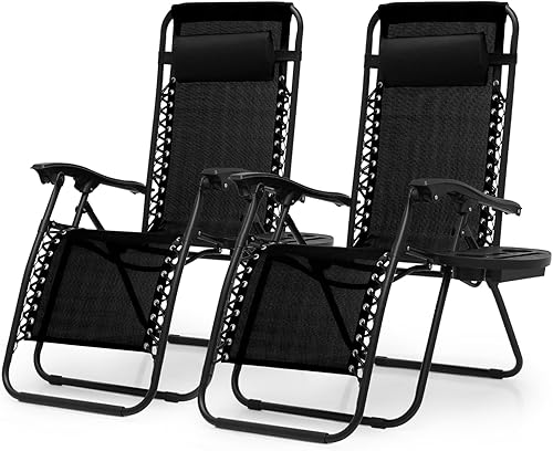 Miniatura 10 de Sillas de gravedad cero, sillas reclinables plegables portátiles con almohada ajustable y bandejas portavasos, para exteriores, patio, playa, Beige