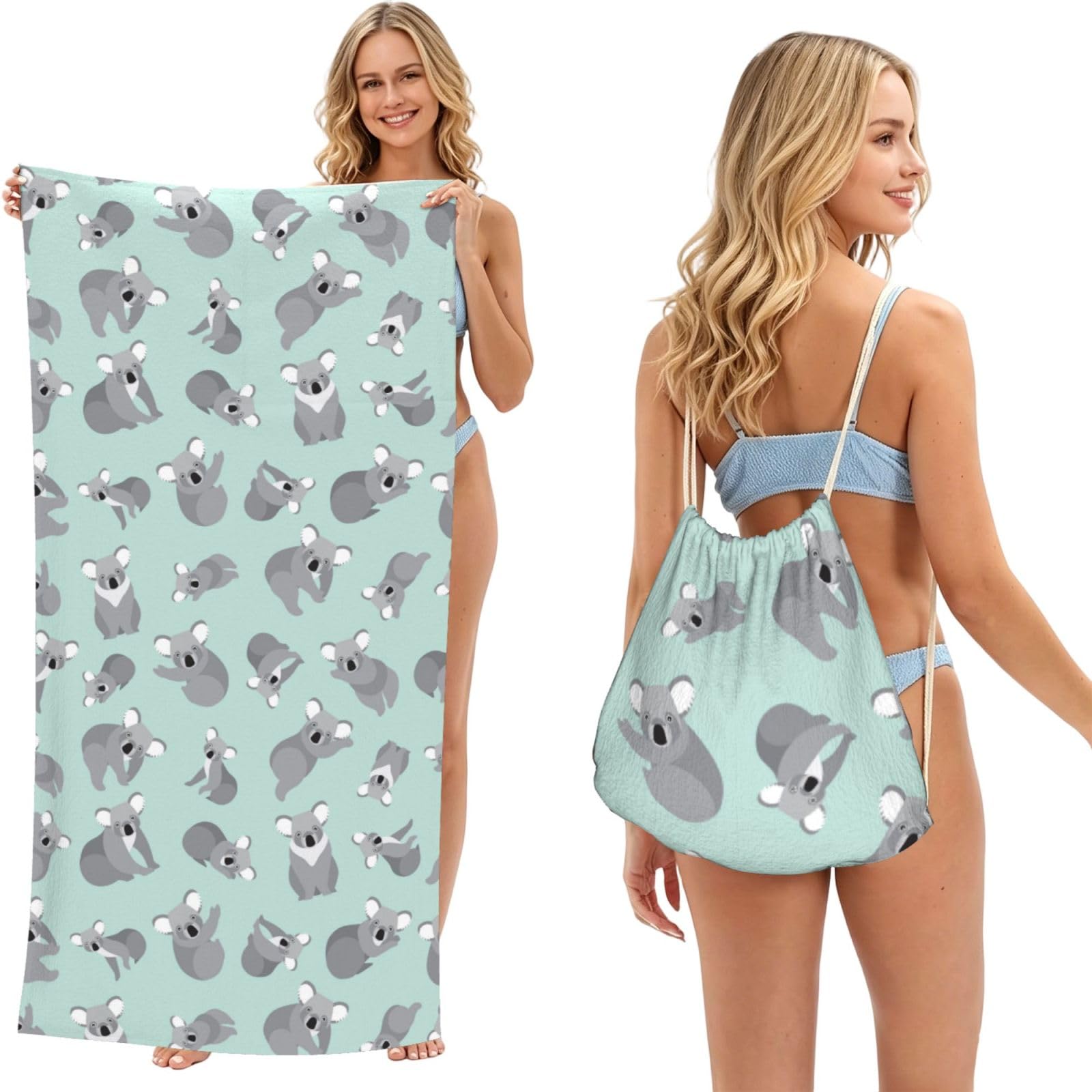 Poadnly As Picture Cute Koala, 2 In 1 Packable Towel Bag, Beach Towels With Drawstring Backpack For Travel Holiday Camping