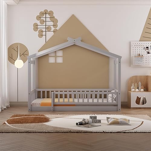 Miniatura 3 de LLS Cama de casa individual con valla, cama Montessori de madera con soporte de listones, marco de cama para dormitorio de niños y niñas, gris