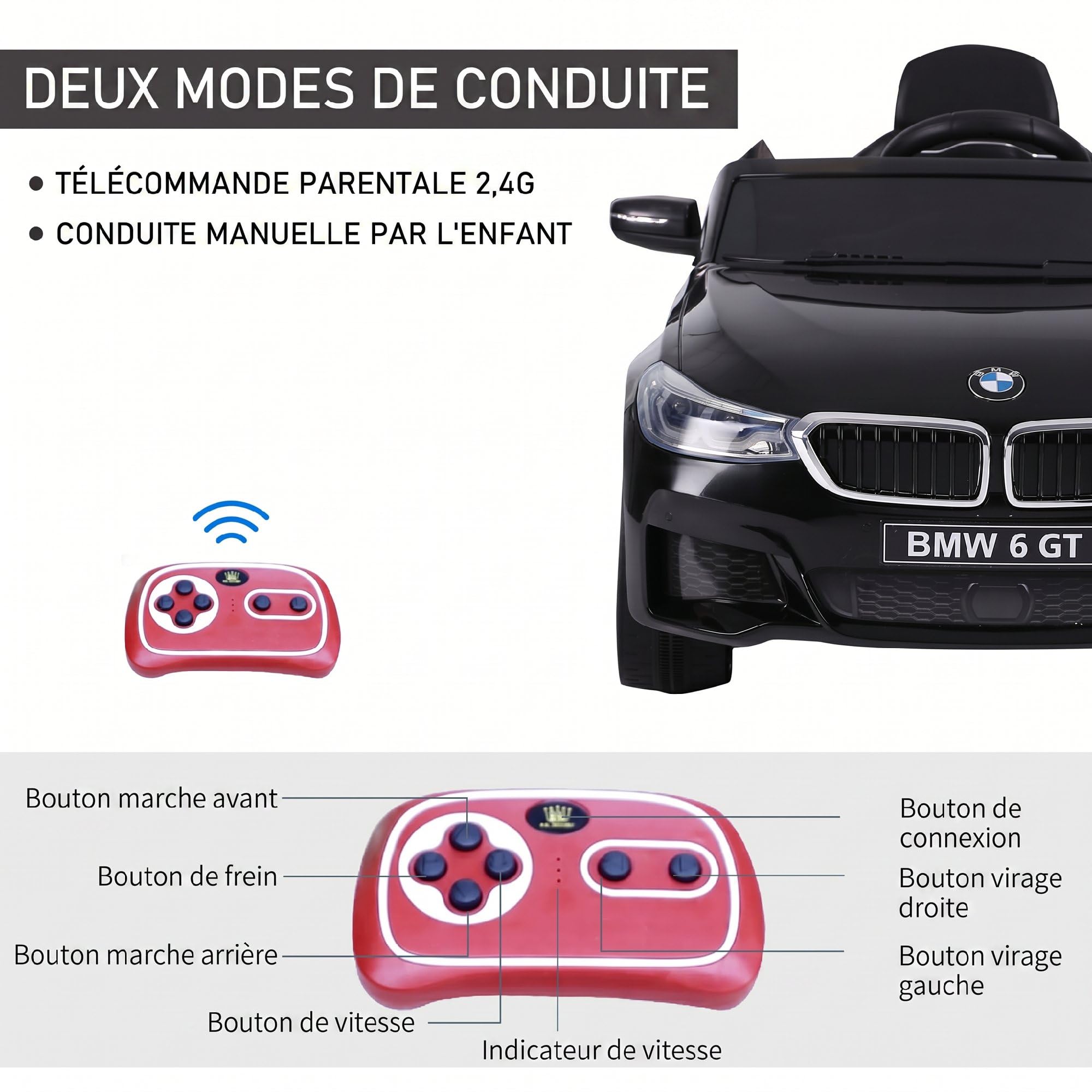 HOMCOM Voiture Électrique Enfants 6 V Télécommande Incluse Noir BMW 6 GT | 3 Km/h Max., Effets Sonores et Lumineux