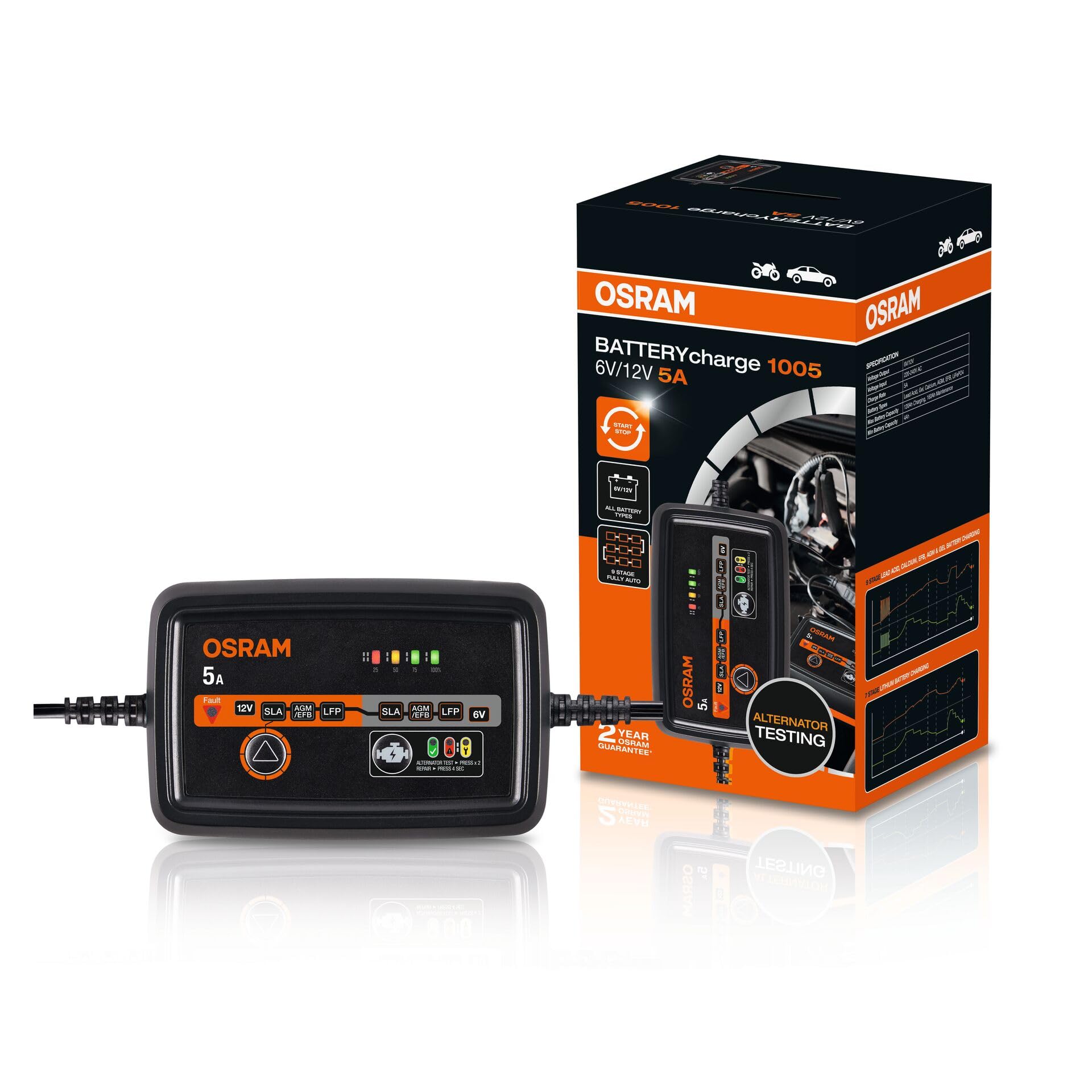 OSRAM BATTERYcharge 1005, Batterieladegerät 6V/12V, Intelligentes 5A Ladegerät, für AGM, EFB, Blei & Lithium, mit Erhaltungsmodus
