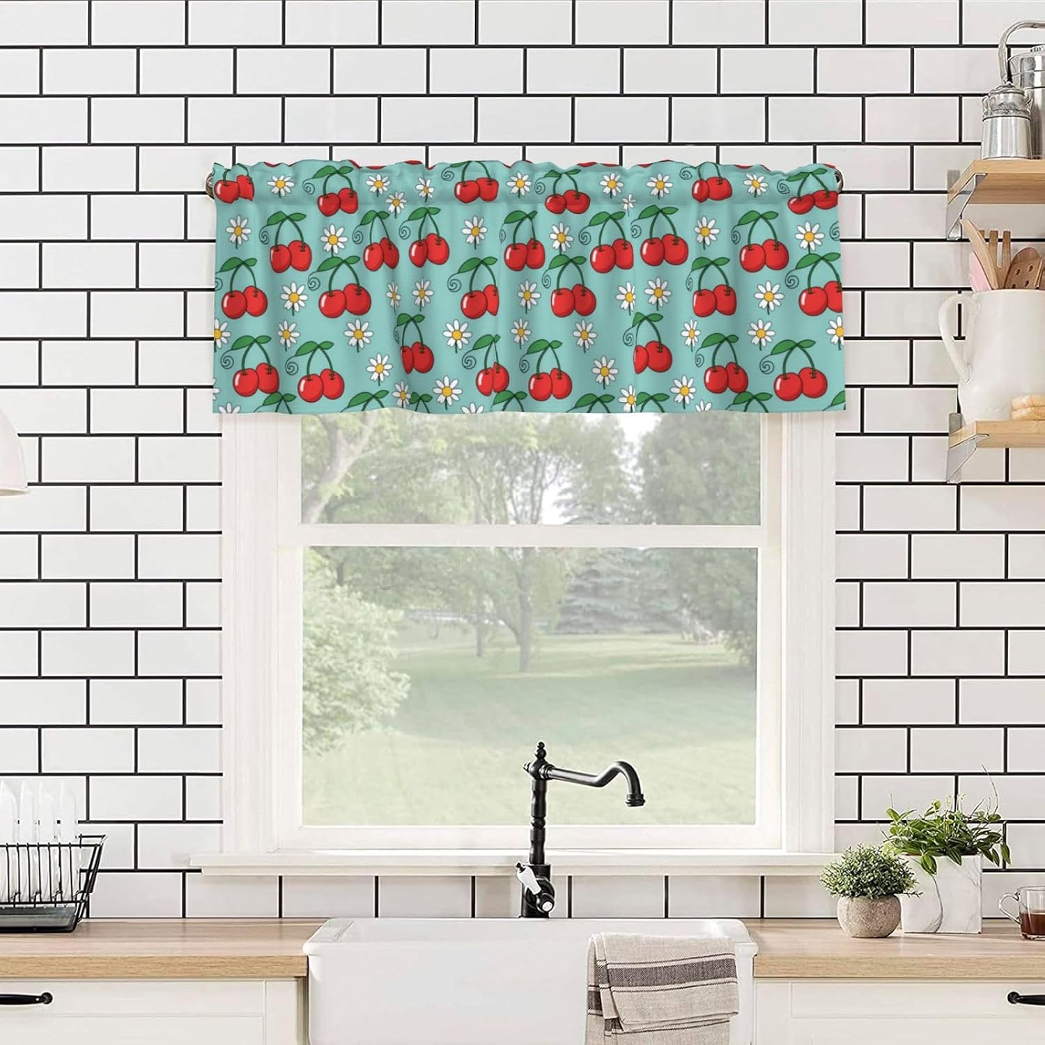Valance for Windows Retro Red Cherry White Daisy Teal Decorative Rod Pocket Kitchen Curtain Valances Short Window Valance Curtains for Living Room Bedroom Bathroom 1 Panel 54x18Inch