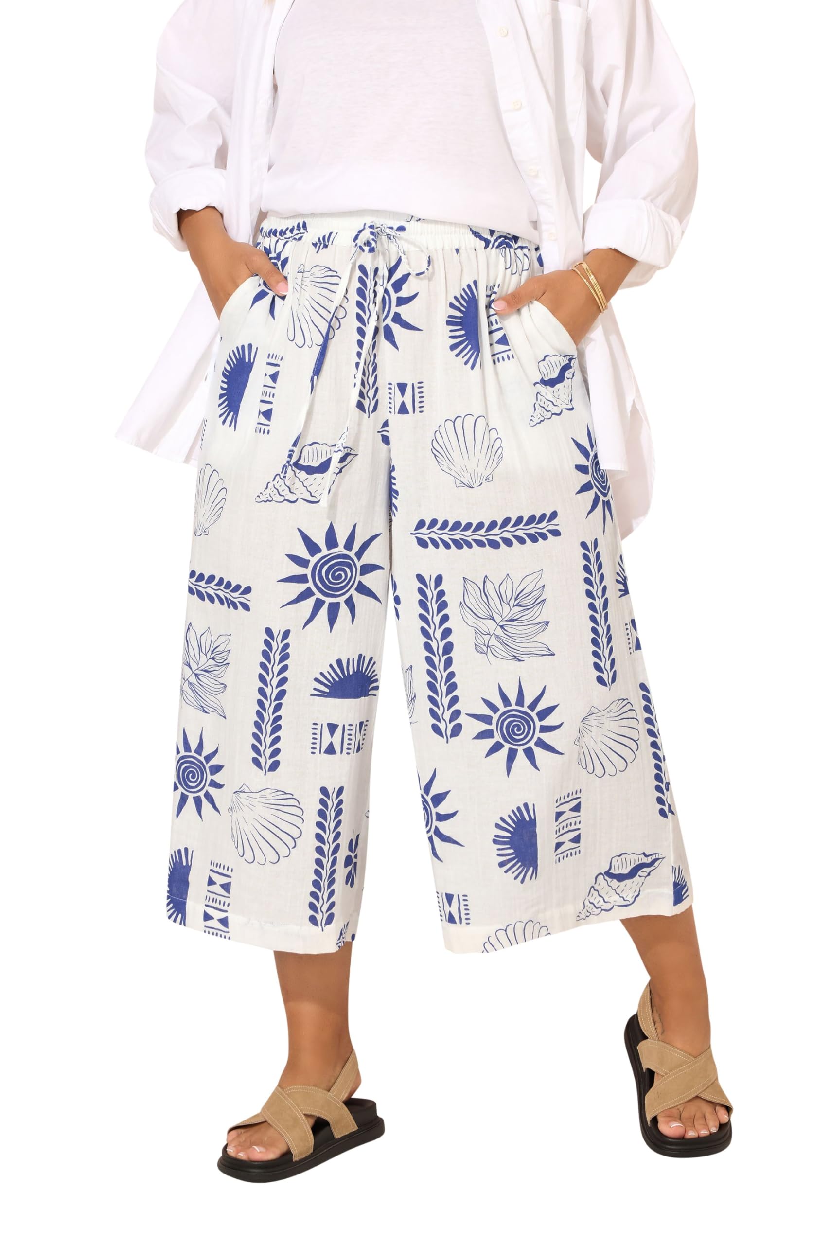 Yours Curve Shell Print Midaxi Culottes - Women's - Plus Size Curve White