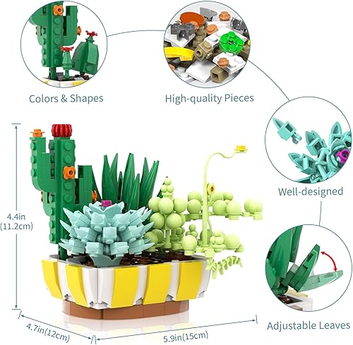 Miniatura 4 de Bloques de construcción 4 en 1 de suculentas, construye una decoración de exhibición de plantas suculentas para el hogar u oficina (360 piezas)