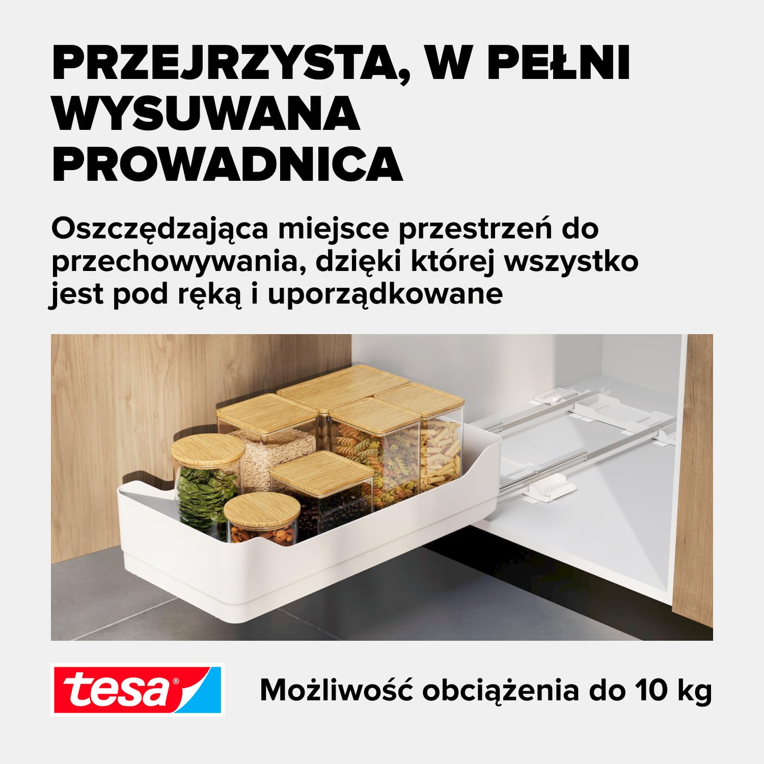 tesa Pull-Out wysuwana szuflada do kuchni - samoprzylepna wysuwana szuflada do szafek kuchennych - bez wiercenia - teleskopowa szuflada na przybory kuchenne