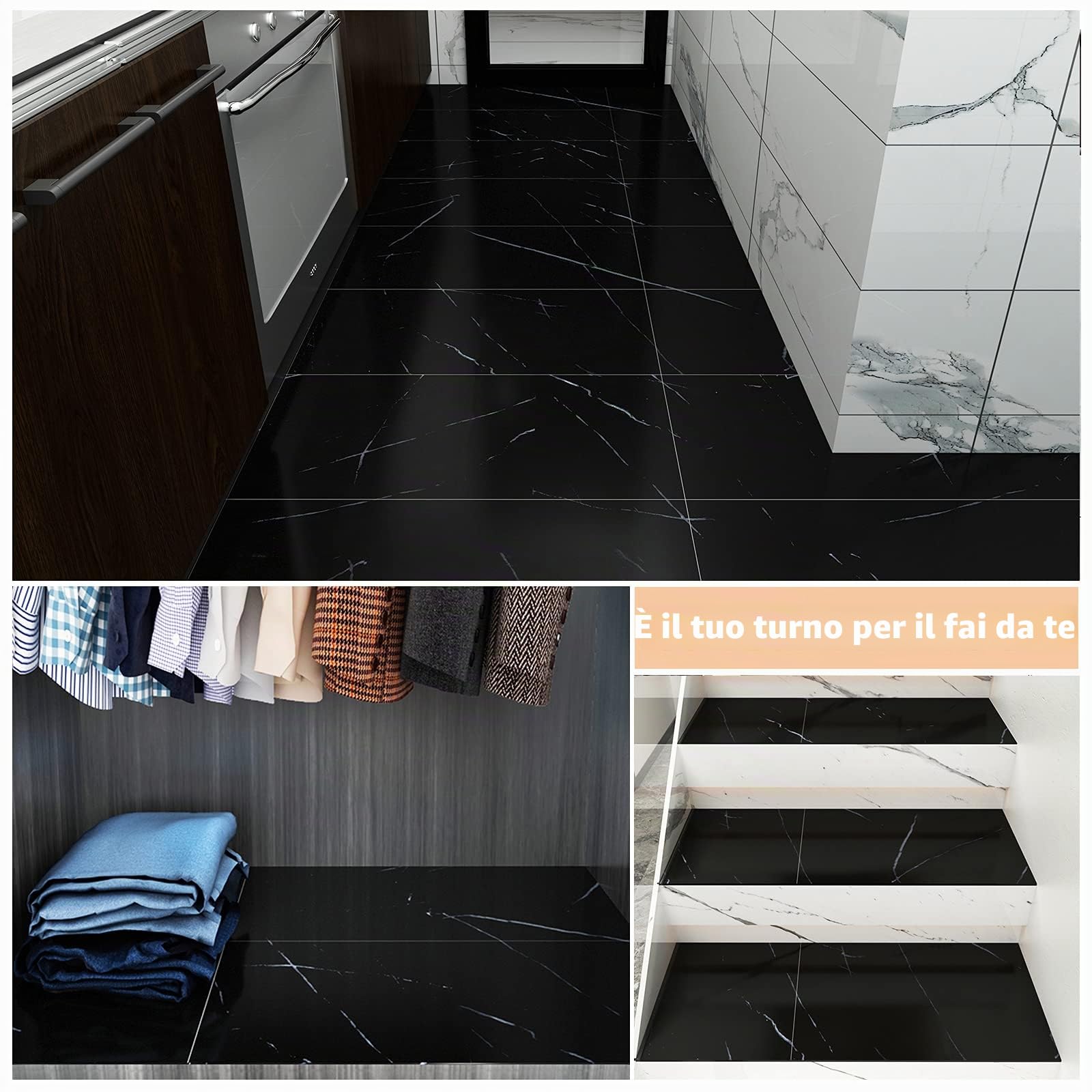 VEELIKE Adesivi per Piastrelle del Pavimento del Soggiorno del Bagno Impermeabili Autoadesivo Adesivo per Pavimento da Cucina in Vinile nero Resistente All'olio Pelare e Attaccare 12 Pezzi 60cm x 30cm