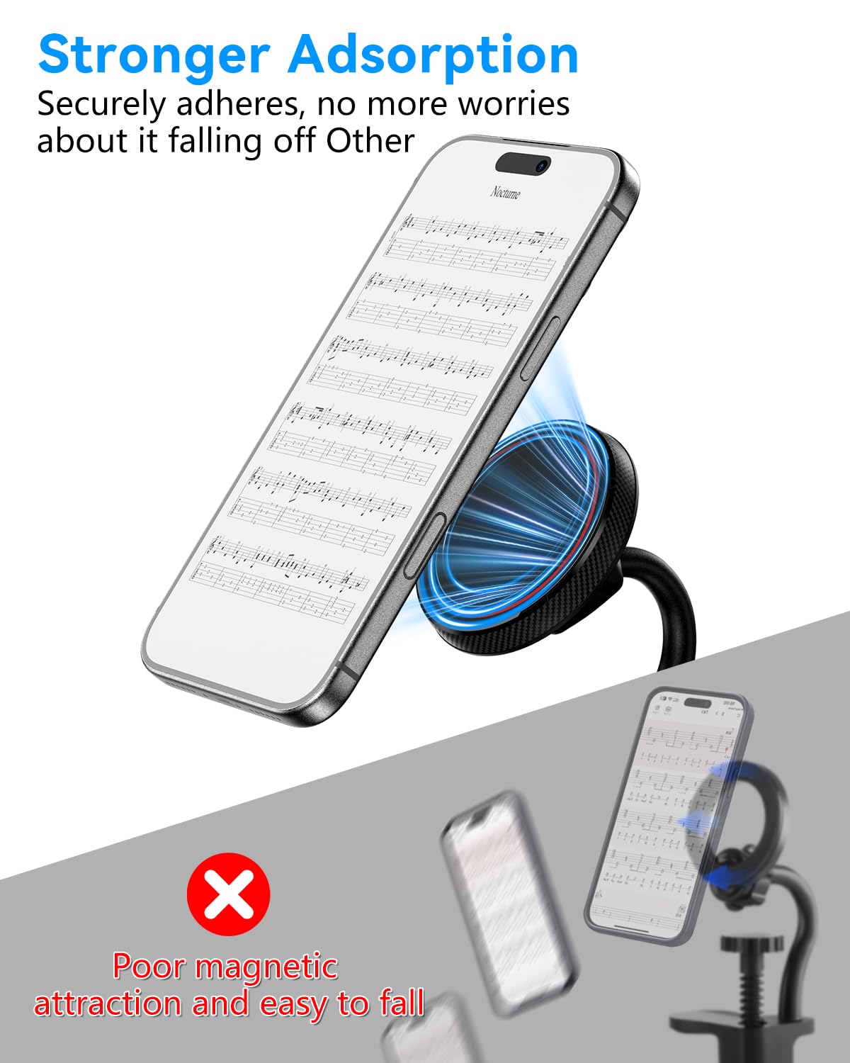 Supporto Magnetico per Telefono a Chitarra, Supporto Universale per Smartphone per Chitarra, Basso,Ukulele, Regolazione 360°, Ideale per Registrazioni Video/Streaming Live/Insegnamento Online