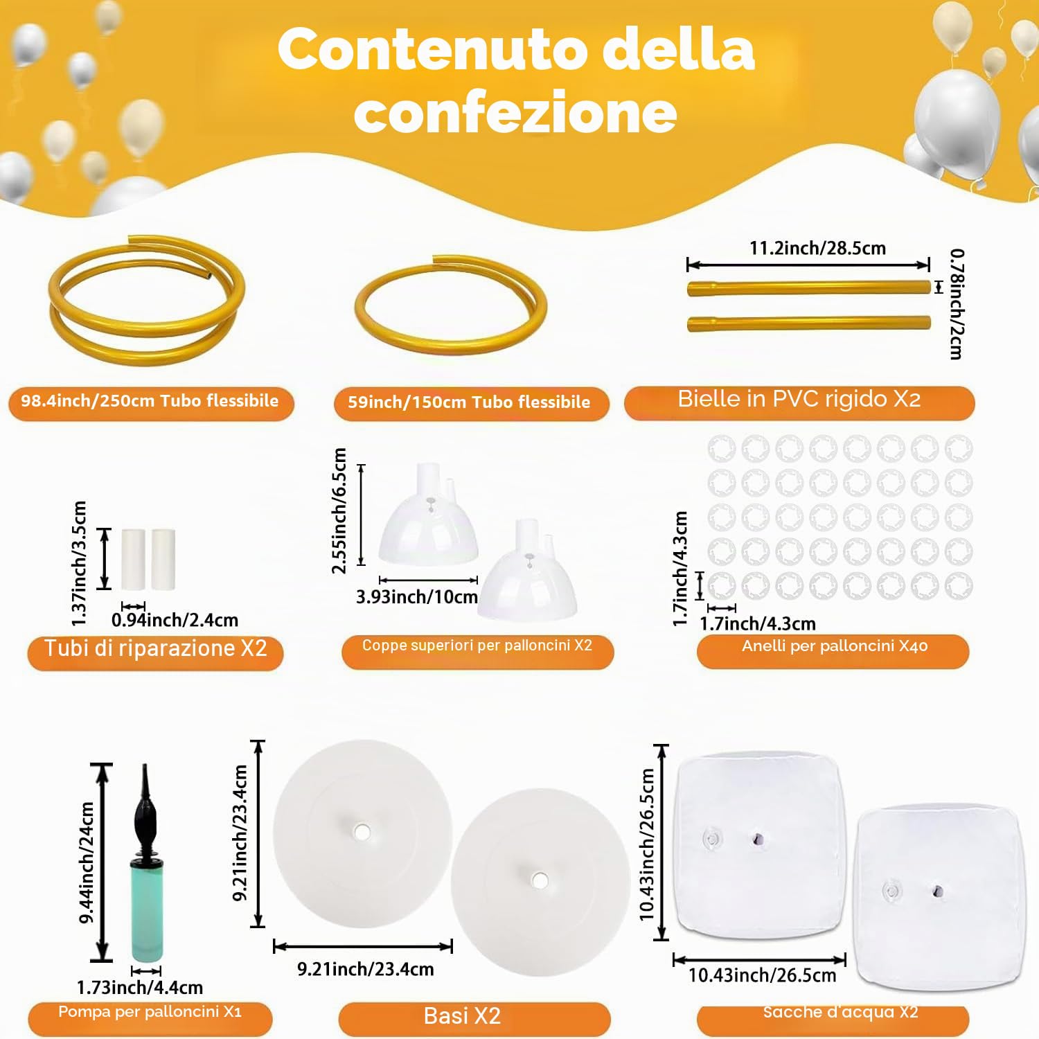 Supporto per arco di palloncini con base, kit per arco di palloncini da 2,5 m e 1,5 m, con tubi pieghevoli, supporto per mezzo arco, colonna per palloncini e telaio per arco per matrimoni