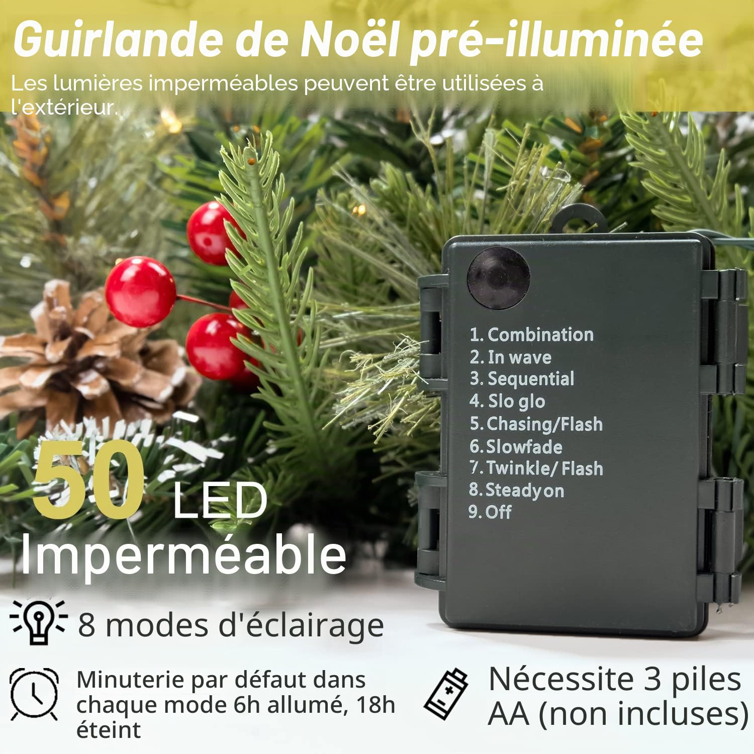 HomeKaren Guirlande de Noël Enneigée de 2,7 m avec 50 Lumières, Décoration de Noël avec Minuteur pour 50 Lumières pour Manteau, Escalier, Intérieur et Extérieur