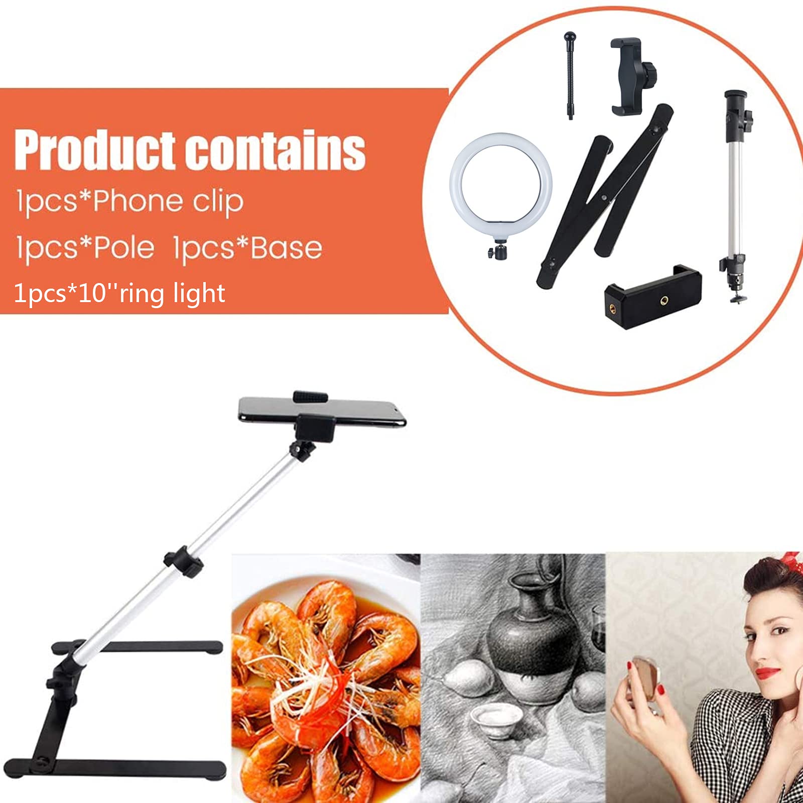 XUMI 10 Pulgadas Ring Light Trípode con Soporte para teléfono móvil, Ajustable Soporte de teléfono aéreo para enseñanza en línea, Video, artesanía Demo, caligrafía, pastelería