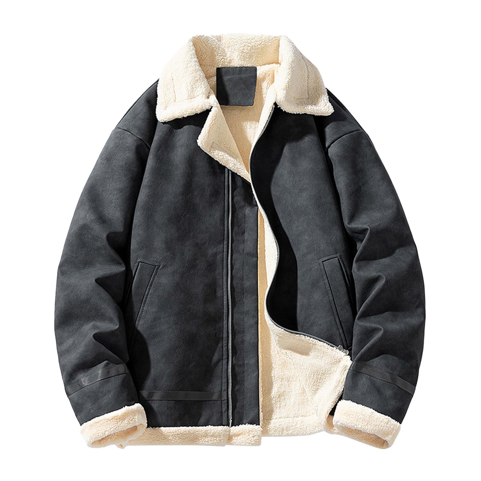Generisch Chaqueta de piel sintética para hombre, chaqueta de piel sintética, variantes de color, chaqueta de motero, chaqueta de entretiempo, cuello vuelto, abrigo cálido, chaqueta de ante de