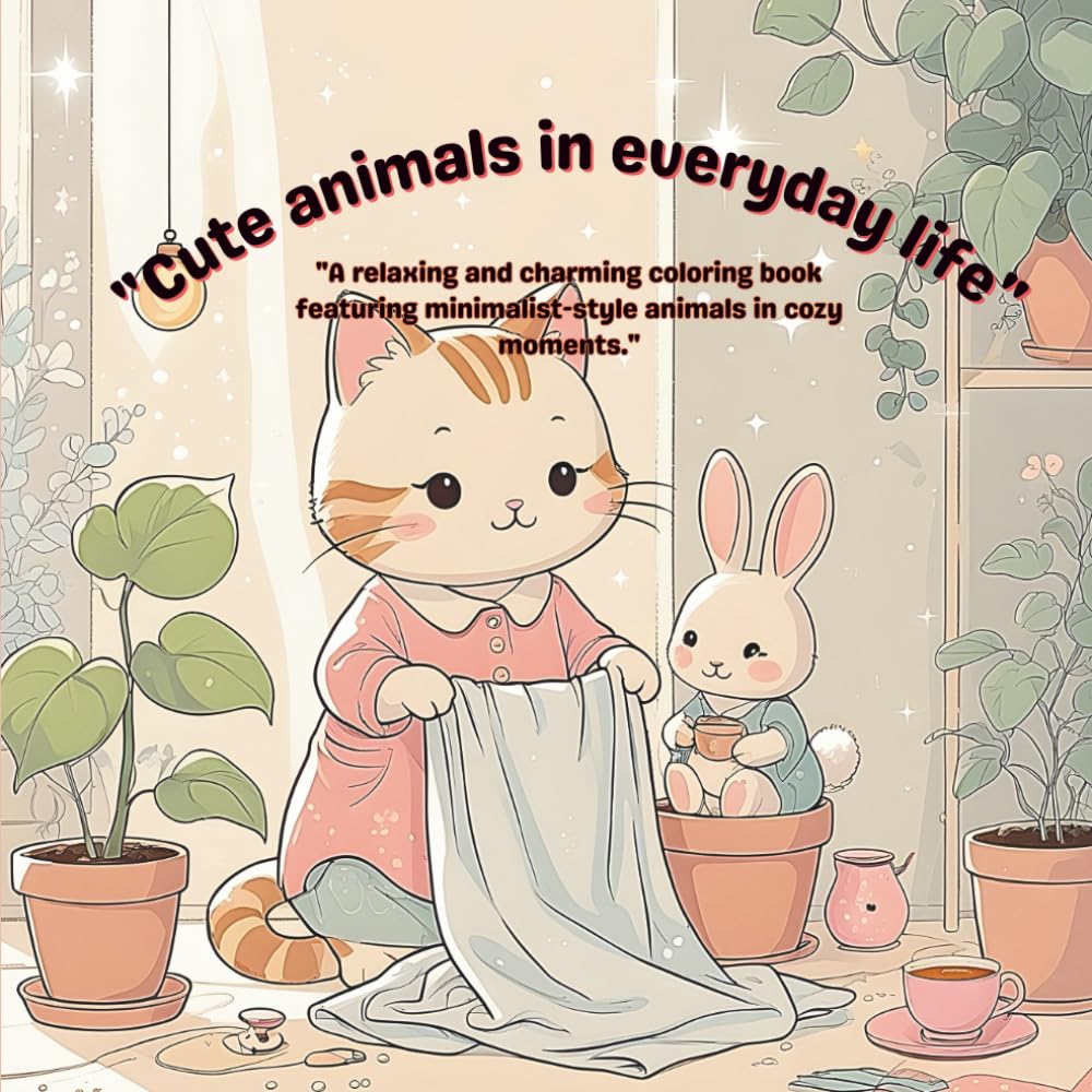 Cute Animals in Everyday Life: Small Moments, Big Smiles: "A relaxing and charming coloring book featuring minimalist-style animals in cozy moments."