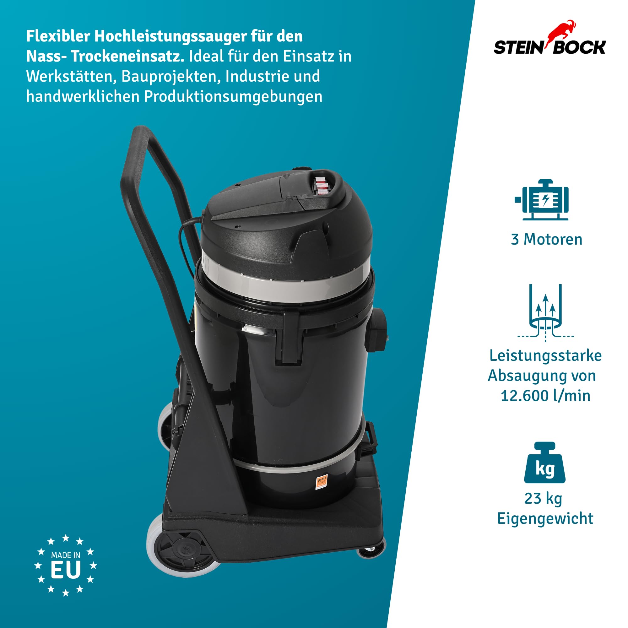 Steinbock Industriesauger nass & trocken| 3.300 Watt | 72 l Fassungsvermögen | mit 3 leistungsstarken Motoren | Für Flüssigkeiten, Feinstaub und groben Schmutz |Kippfahrgestell | Kunststofftank