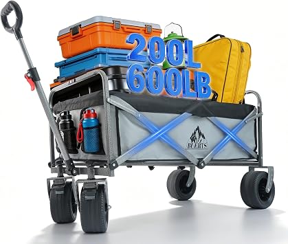 Collapsible Wagon - 600LBS Heavy-Duty Large Capacity Foldable Utility Cart, Oversized All-Terrain Wheels, 3-Second Quick Fold Beach Wagon for Camping, Gardening, Beach & Backcountry TripsGREY