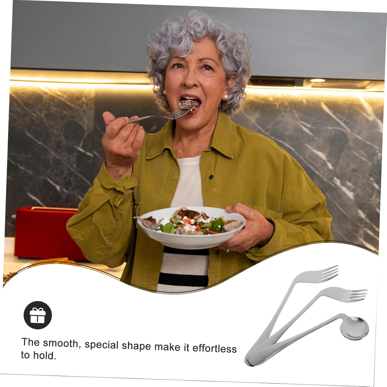 Luxshiny 1 Set Stainless Steel Adaptive Utensil Left Handed Grip Easy Offset Spoon Fork Angled Curved Utensil Self Feeding Cutlery for Adults Elderly