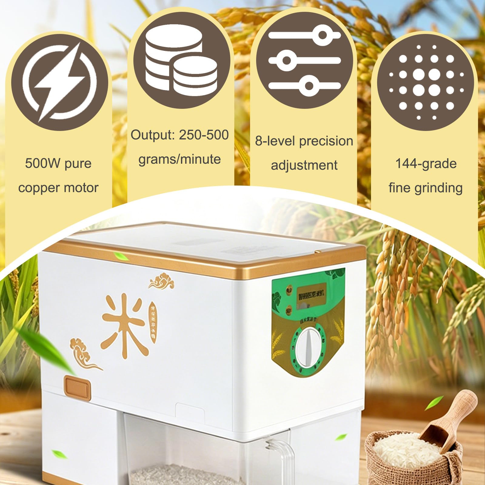 Fresatrice per riso - Regolabile a 8 livelli, resa 250-500g/min, arresto automatico continuo, separazione automatica di riso e crusca