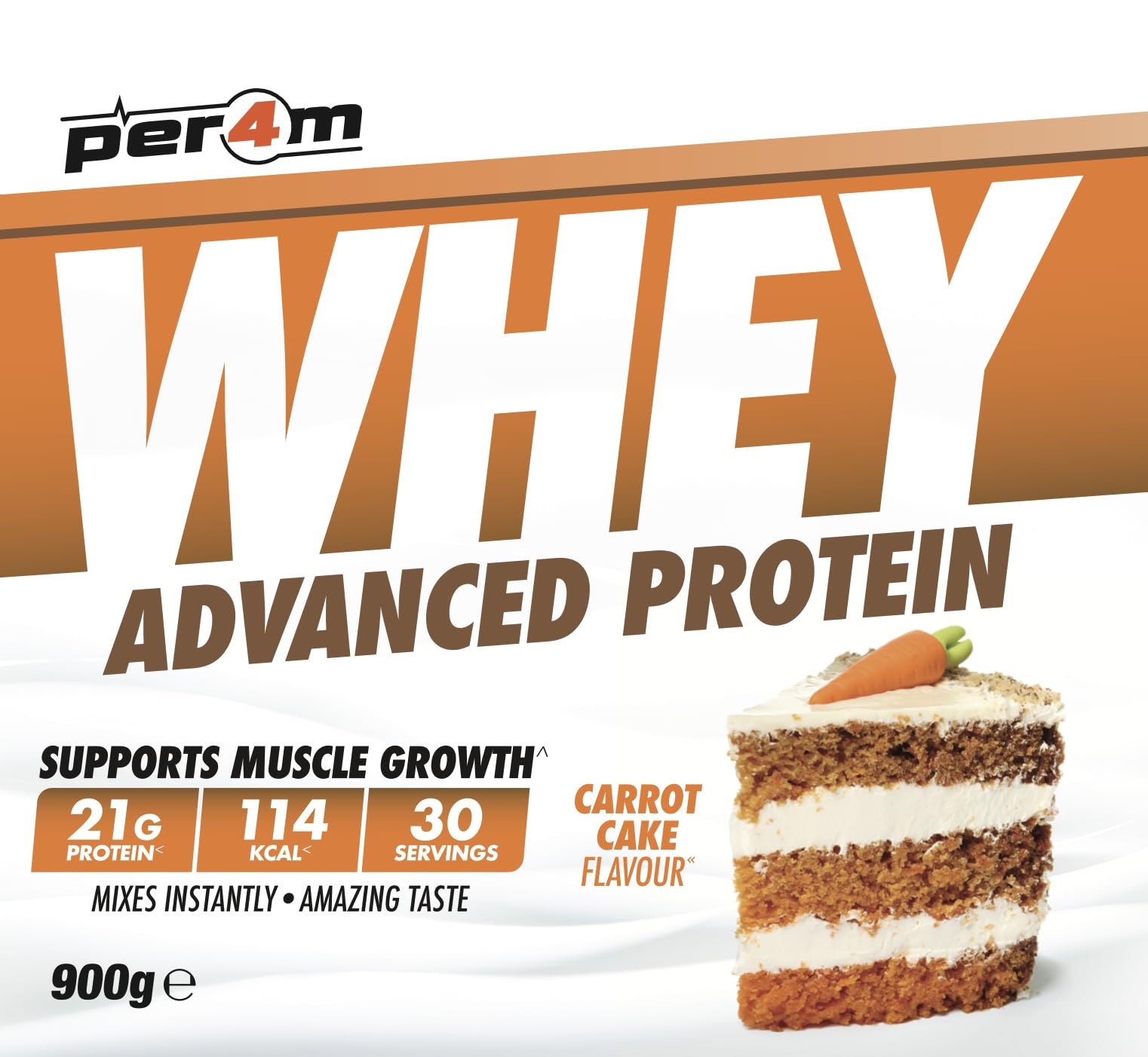Per4m Whey Protein, Odżywka Białkowa WPC, 24 g Białka na Porcję, Budowanie Masy Mięśniowej i Szybka Regeneracja Po Treningu Siłowym dla Aktywnych Sportowców, Suplement Sportowy – Carrot Cake – 900 g