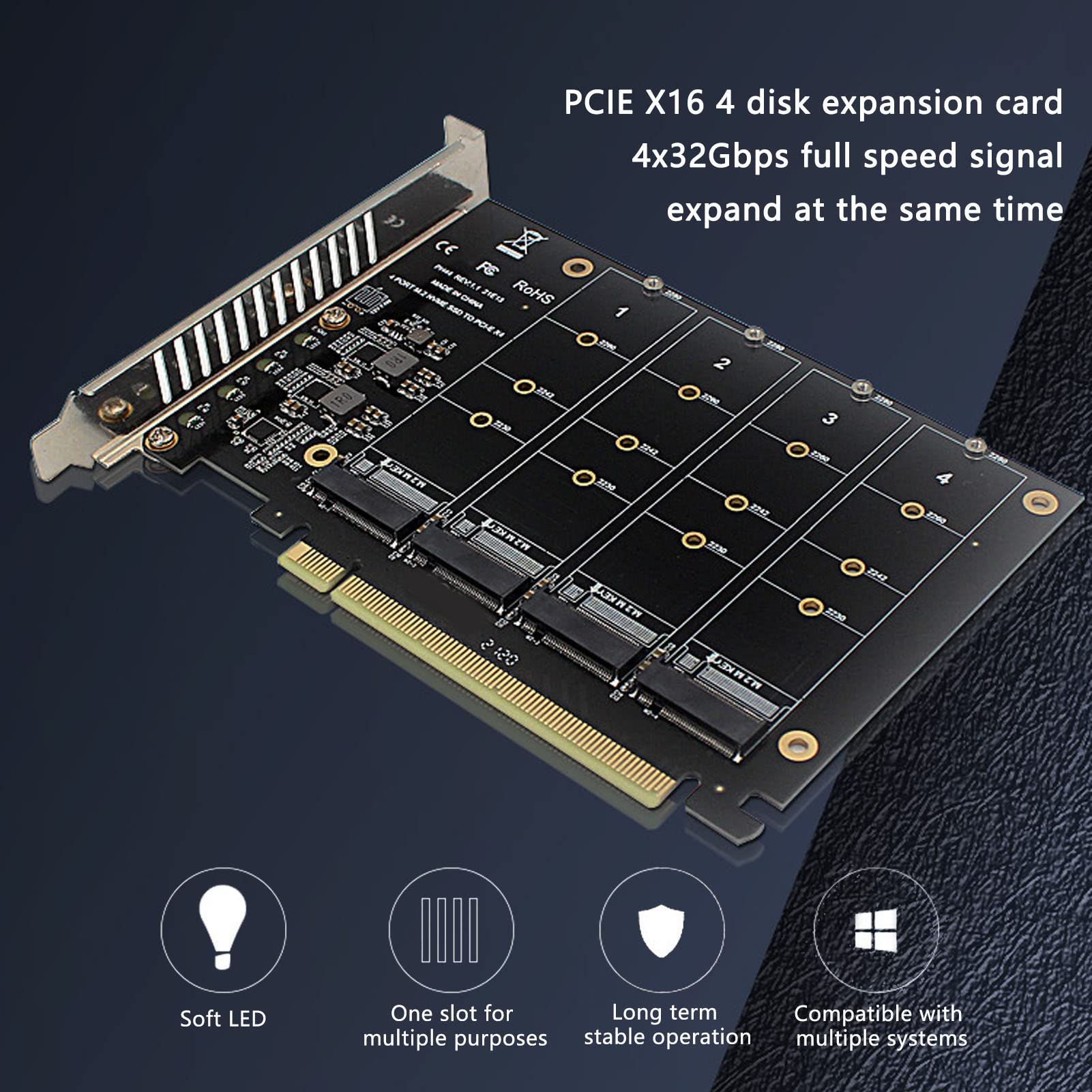 Adapter M.2 PCIE, PCIe 4.0 X16 na 4 Porty M.2 NVMe SSD z Wentylatorem Chłodzącym, WsparciePCIE RAID, 4x32Gbps, dla Dysków SSD 2230/2242/2260/2280mm