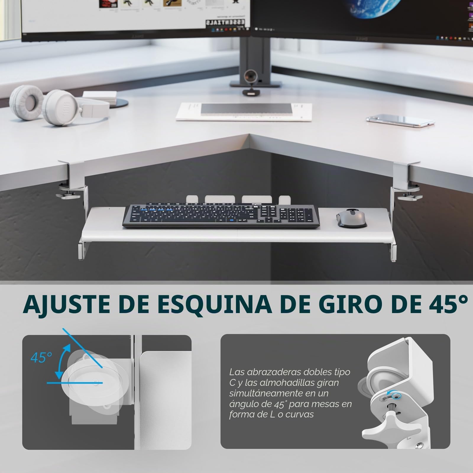 AX WABER Bandeja extraíble para teclado bajo escritorio, abrazadera tipo C, cajón deslizante 27.3" x 11", blanco