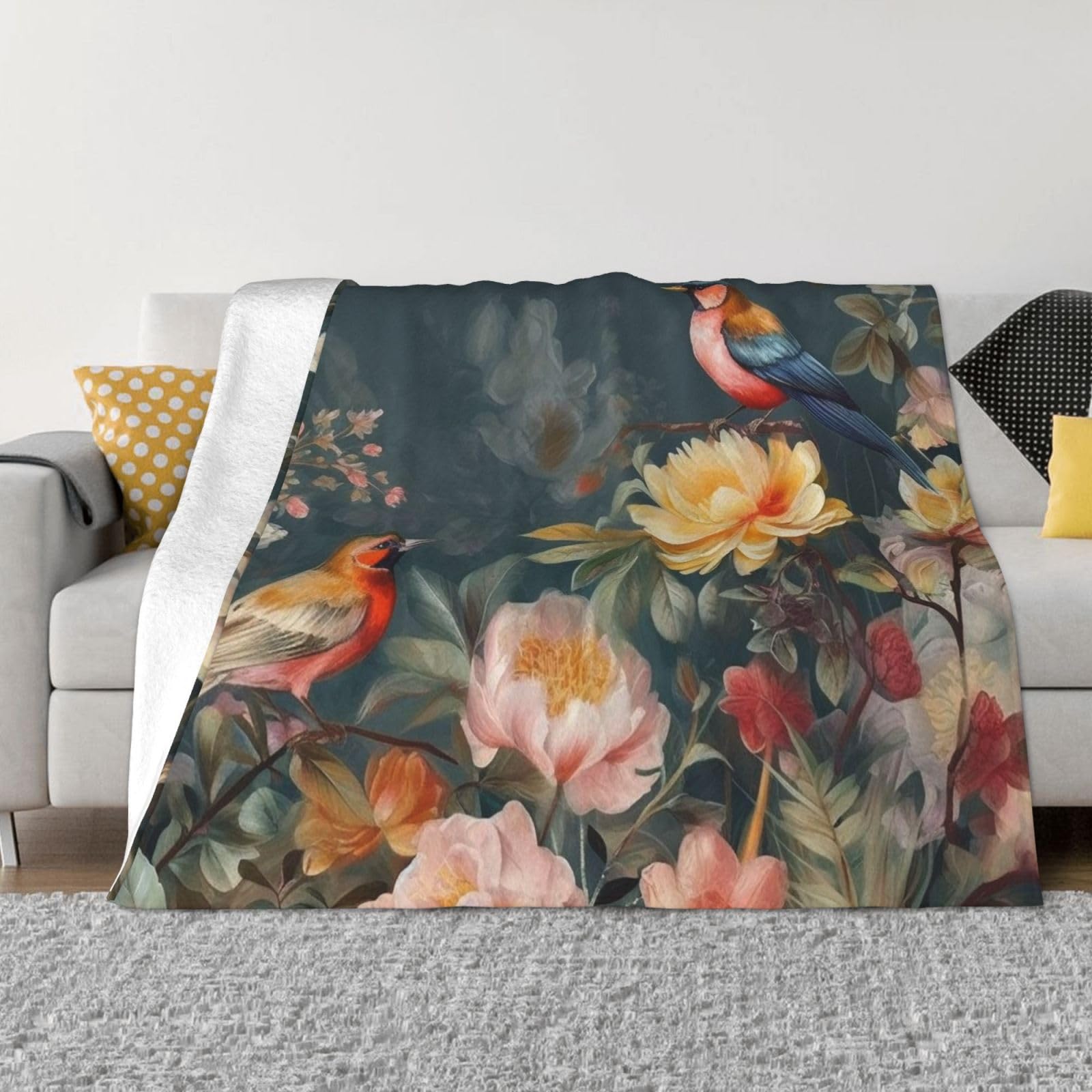 Fodpand Black Flowers Birds Flannel Blanket 50"X40" - Ultra-Soft Lightweight Throw Blanket For Bed, Sofa, And Couch - Luxury Air Conditioning Blankets - Cozy Warm Blankets For All Seasons