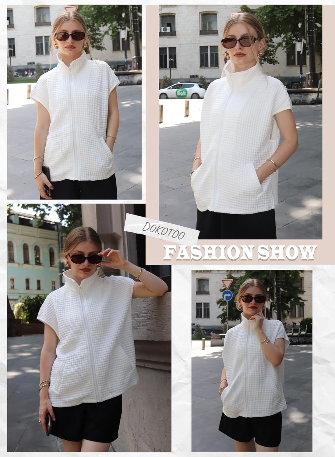 Dokotoo Womens Vest Tops 2026 Zipper Up Cap Sleeve Side Pockets Waffle Knit Sleeveless Oversized Vests - Image 6