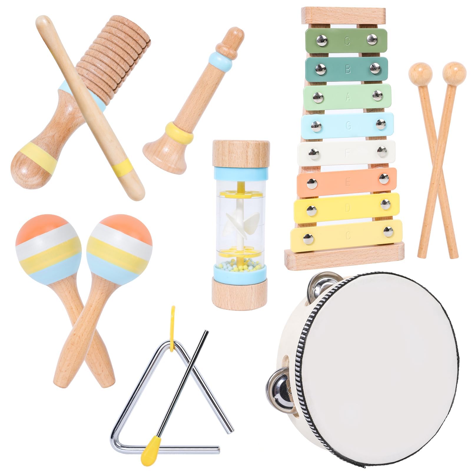 Vicloon Juguetes Musicales De Madera – Set De 7 Instrumentos De Percusión Montessori Con Xilófono, Maracas Y Tambor, Regalo Educativo Para Niños De 2 Años En Adelante