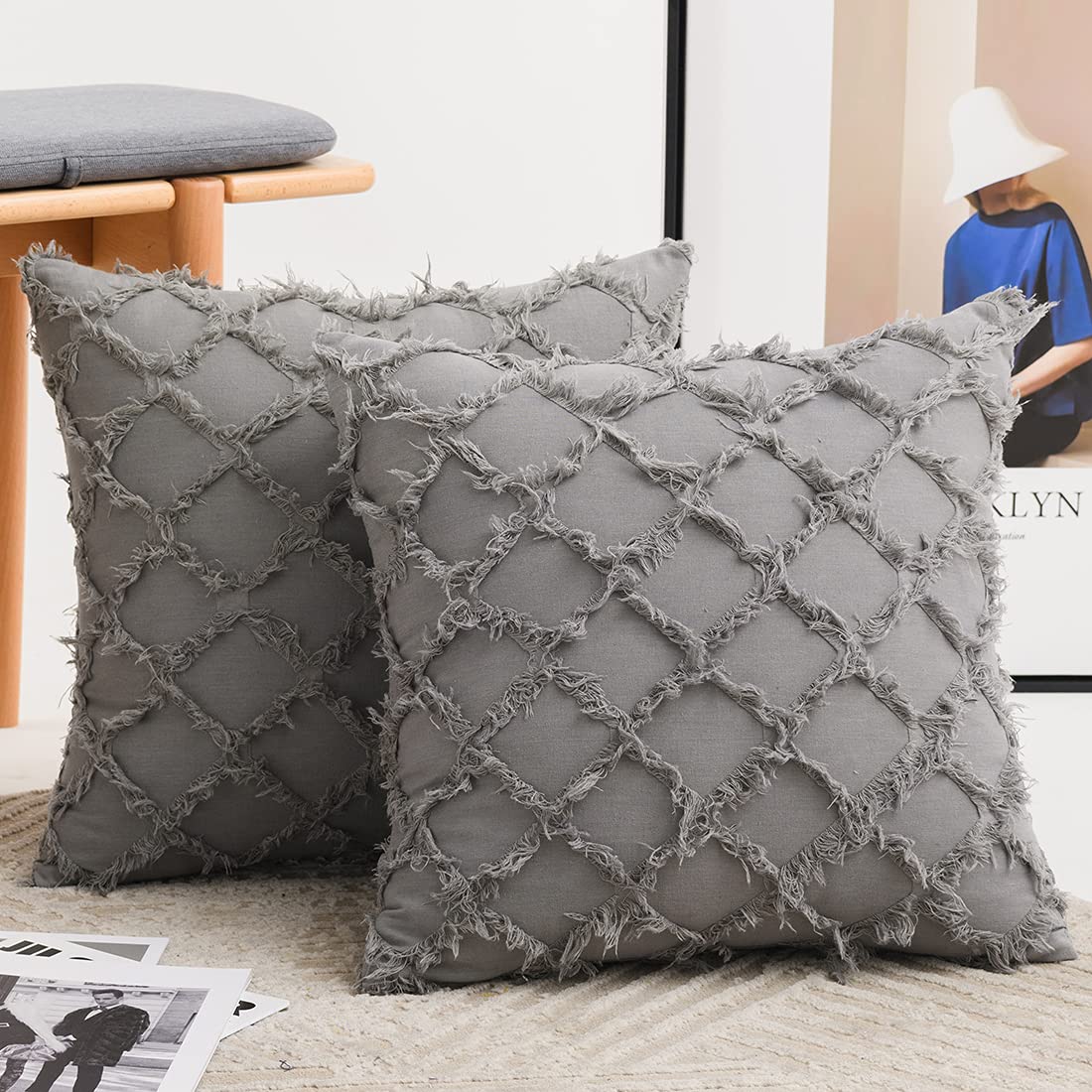 Housse de coussin en coton et lin haut de gamme au tissage jacquard géométrique gris