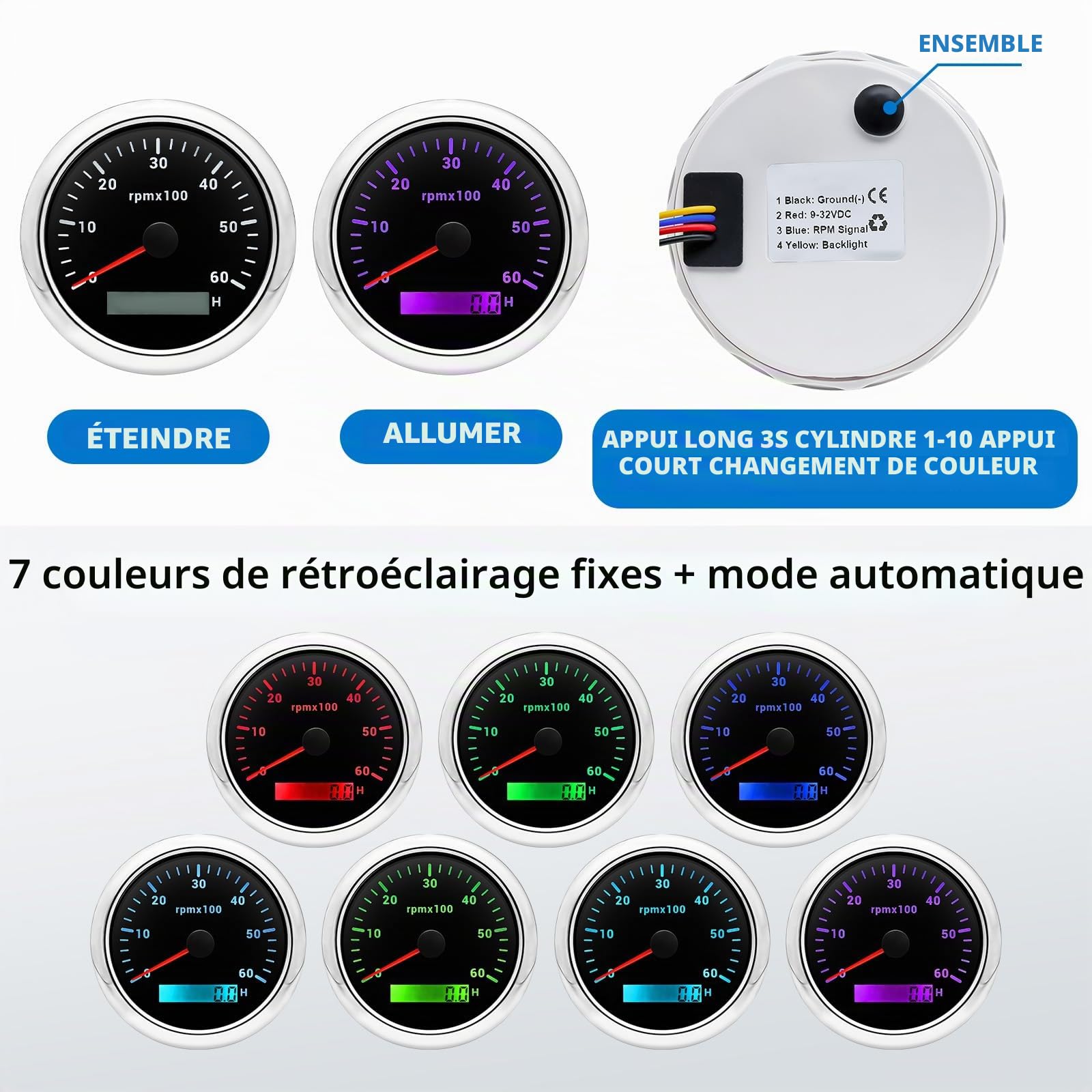 Compte-tours 85 mm 0-6000 tr/min étanche avec compteur d'heures de fonctionnement rétroéclairage 7 couleurs pour voiture, bateau, camion, moteur diesel et essence