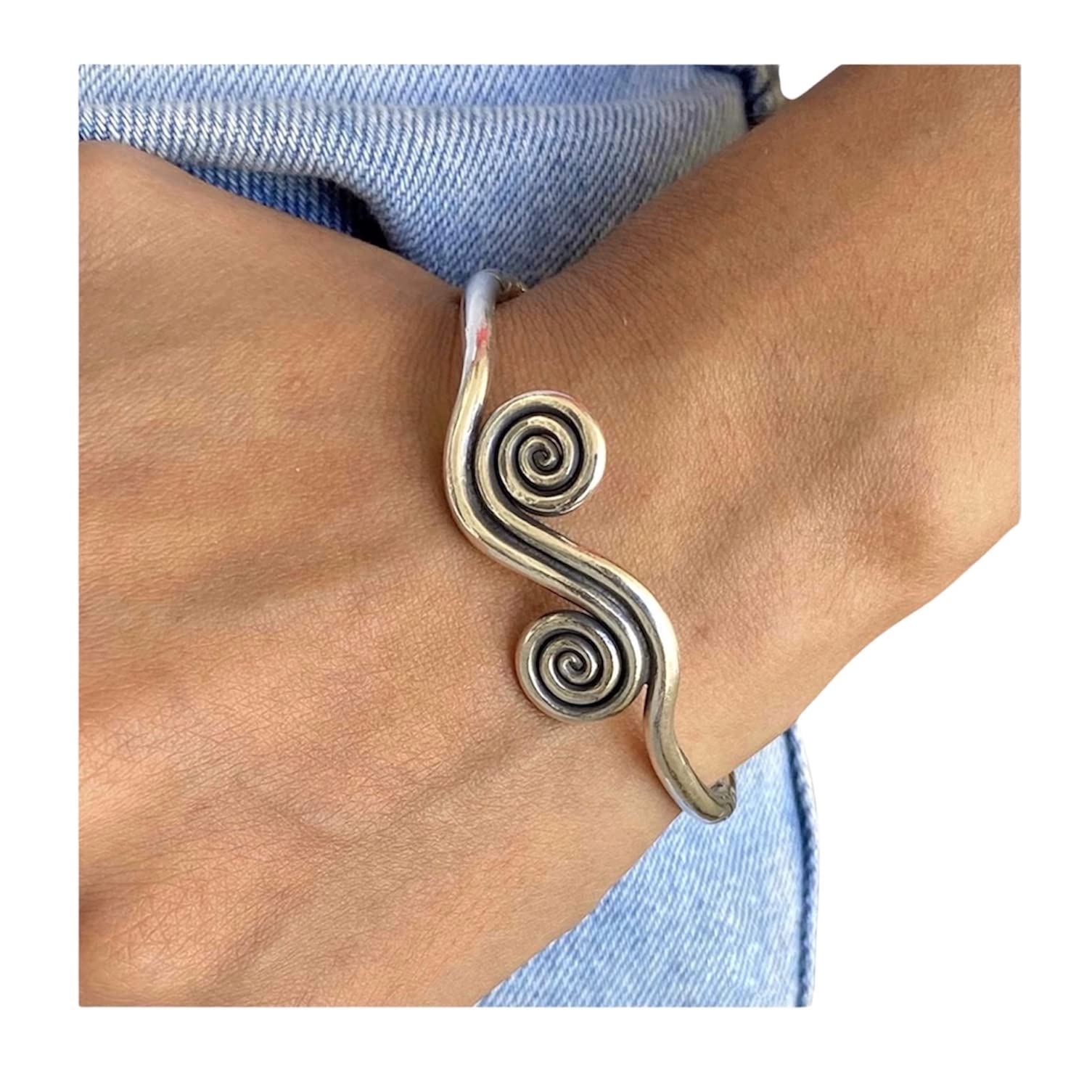 HandmadeSterling Silver Boho Cuff Bracelet with Spirals and Symbolic Engravings, Adjustable Handmade Engraved Ethnic Tribal Rounded, for Women (M-L) or Men (S-M)