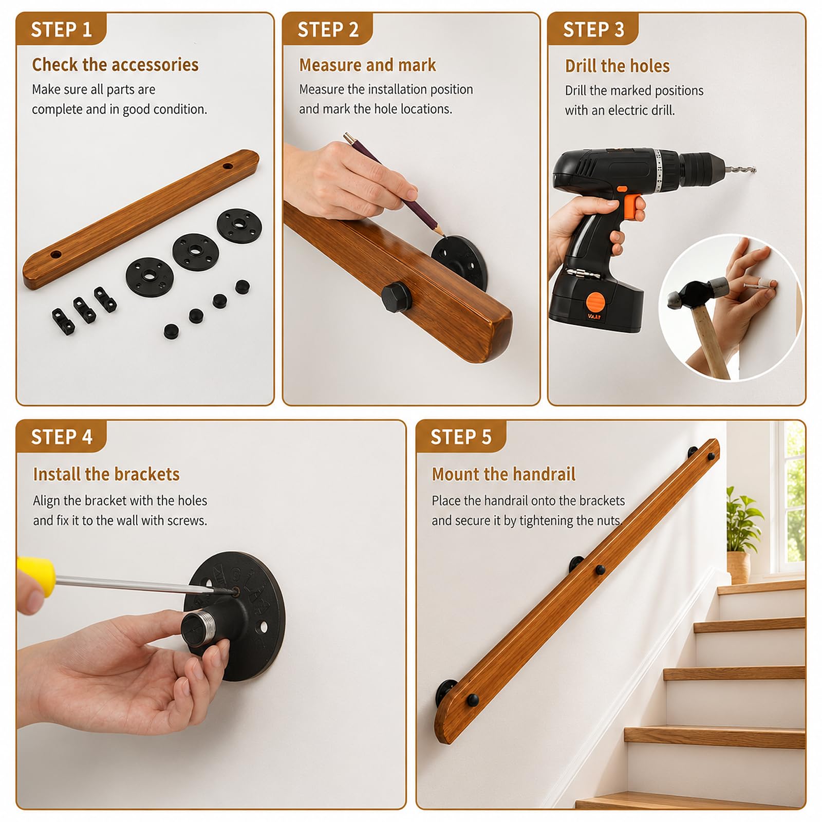 Wooden Handrails for Stairs Non-Slip Stair Banister with Brackets, 400cm - Image 7