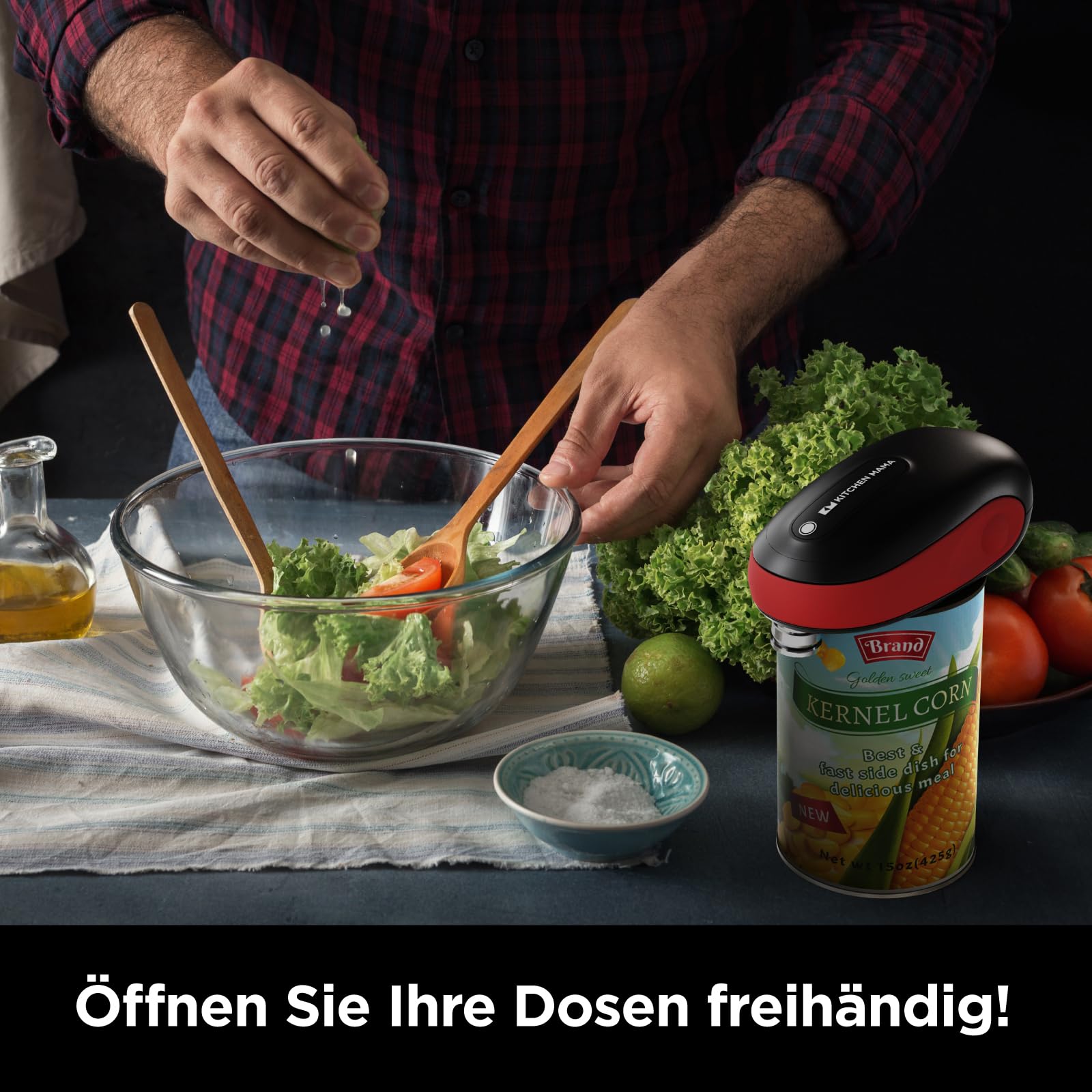 Kitchen Mama One-To-Go Elektrischer Dosenöffner – Dosenöffnen mit einem Tastendruck (Auto-Stopp), Dosenöffner ohne scharfen Kanten, mit praktischem Deckelentferner, batteriebetrieben (Rot)