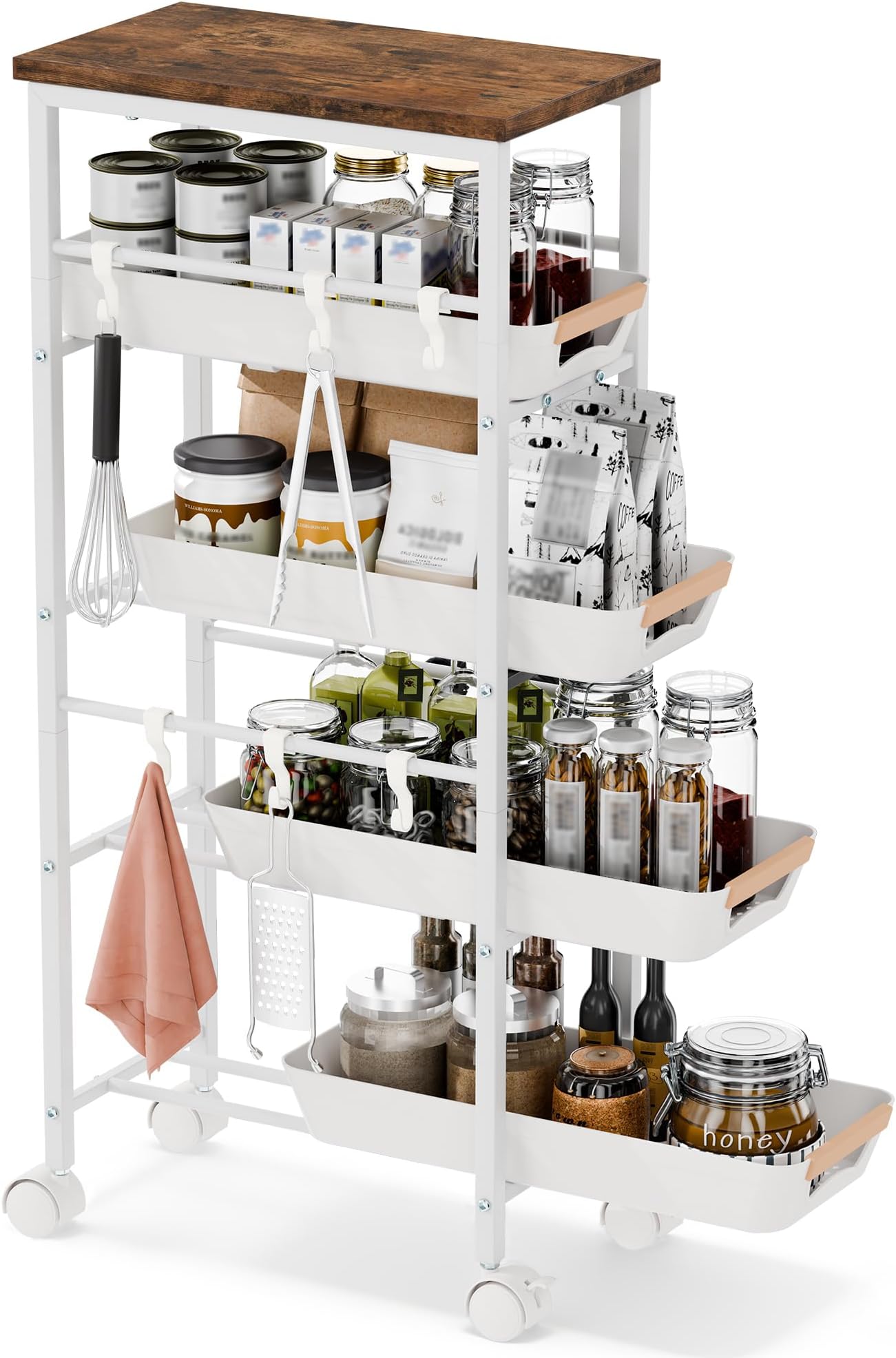 5-Tier Slim Storage Cart with Pull-Out Baskets, Utility Small Rolling Carts with Wooden Top & Hooks, Kitchen Cart Organizers for Storage in Narrow Spaces of Bathroom, Laundry & Bedside, White