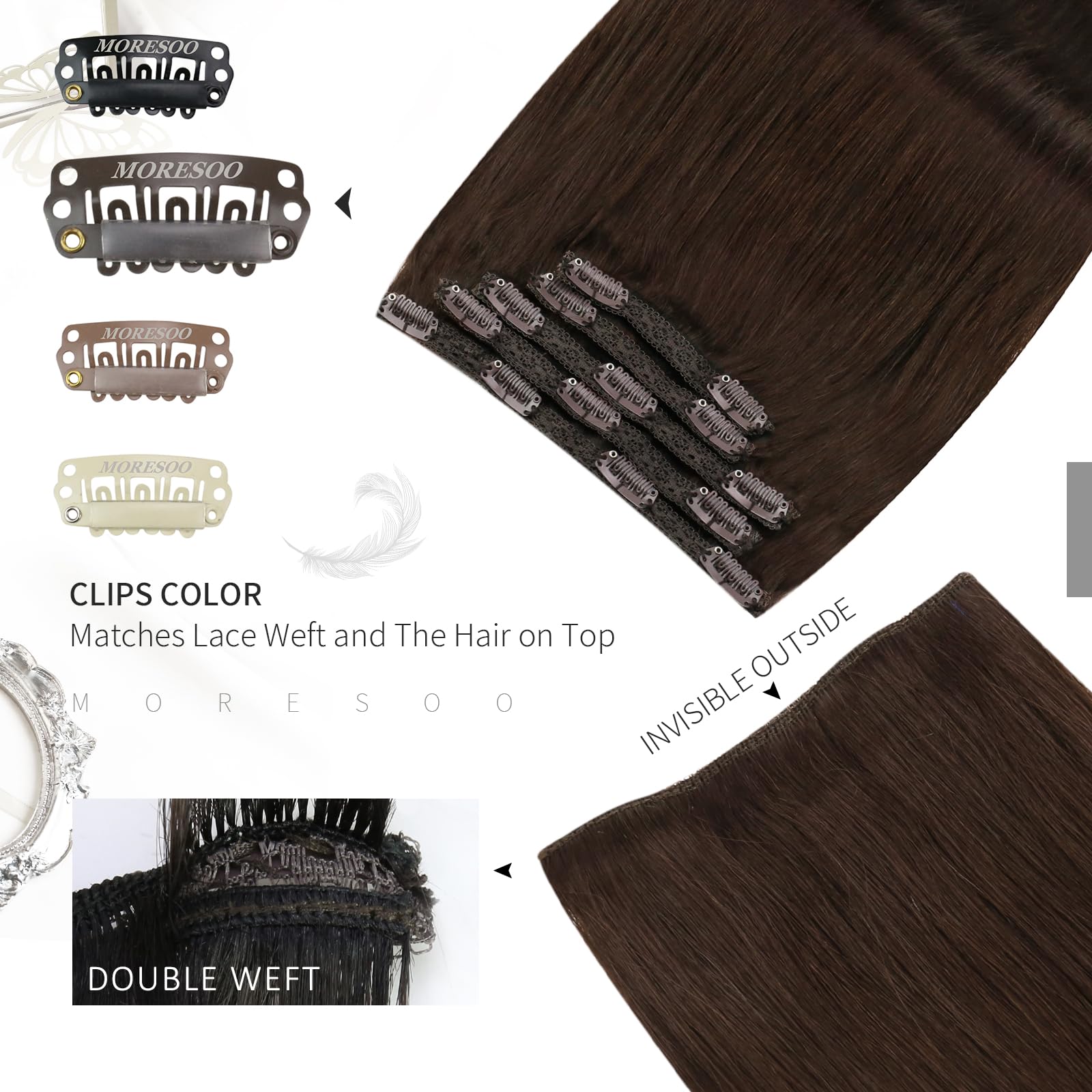 Moresoo Extension Clip Capelli Veri Marrone Invisibile Extension Capelli Veri Clip Marrone Cioccolato Remy Lisci Extension Capelli Veri con Clip Marrone Scuro #4 45 cm 120g 7pcs