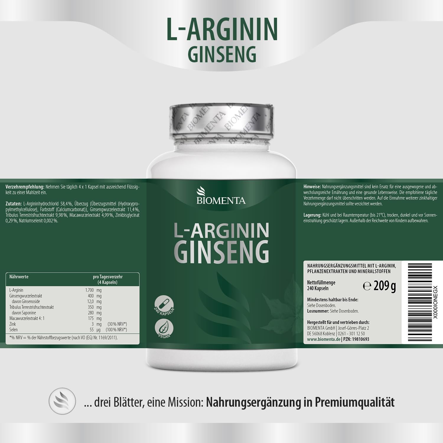 BIOMENTA Arginin Ginseng – 240 hochdosierte Kapseln - Wirkstoff Komplex + neue Rezeptur: Aminosäure, Mineralstoffe, Extrakte: Maca, Tribulus Terrestris, Zink, Selen - vegan - Premiumqualität