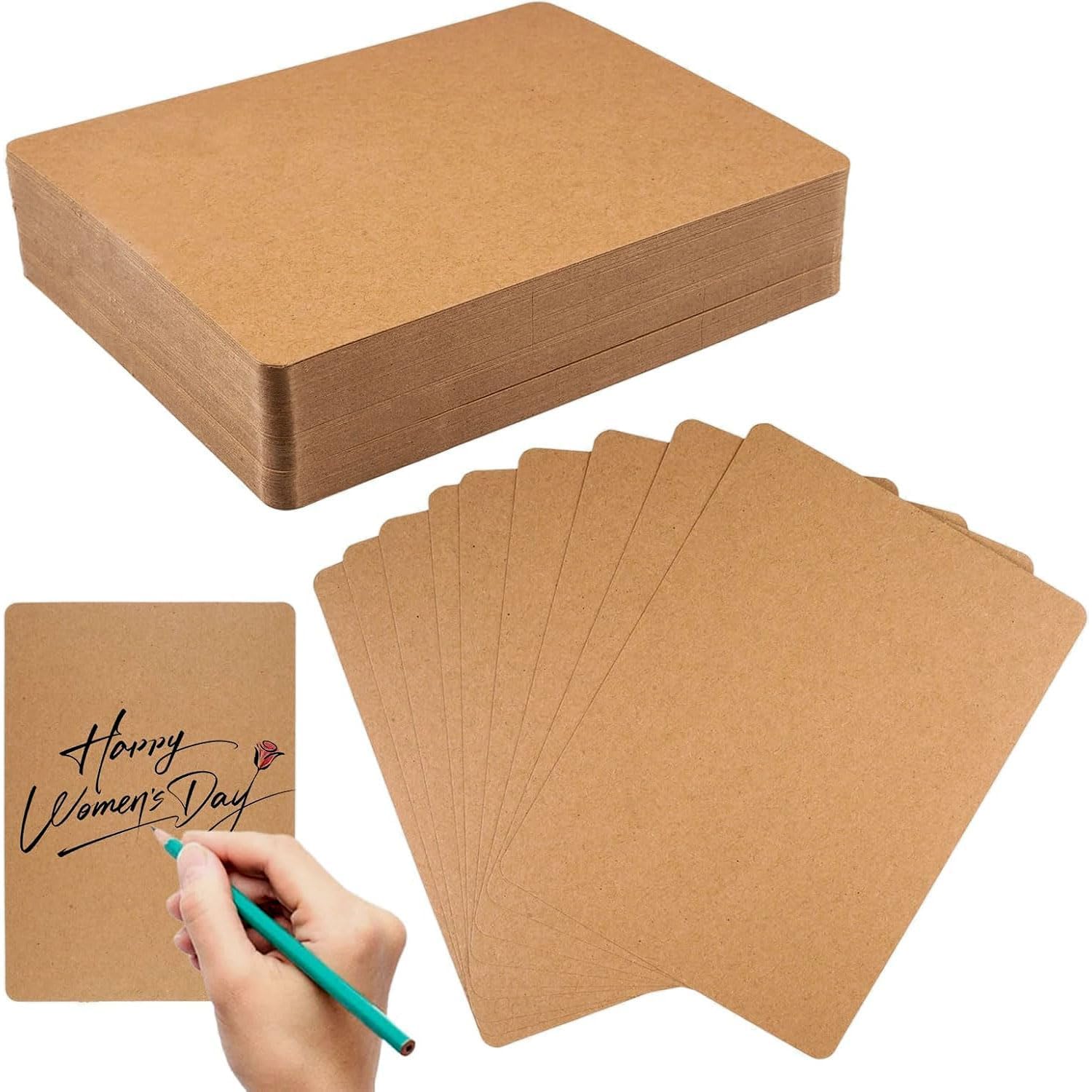 100 Pieces Blank Kraft Cards Papers, 11 x 15 cm Kraft Paper Cards with Round Corners, Craft Words Cards Papers, Blank Kraft Paper Business Cards for DIY Creative Craft Wedding Card Greeting Cards