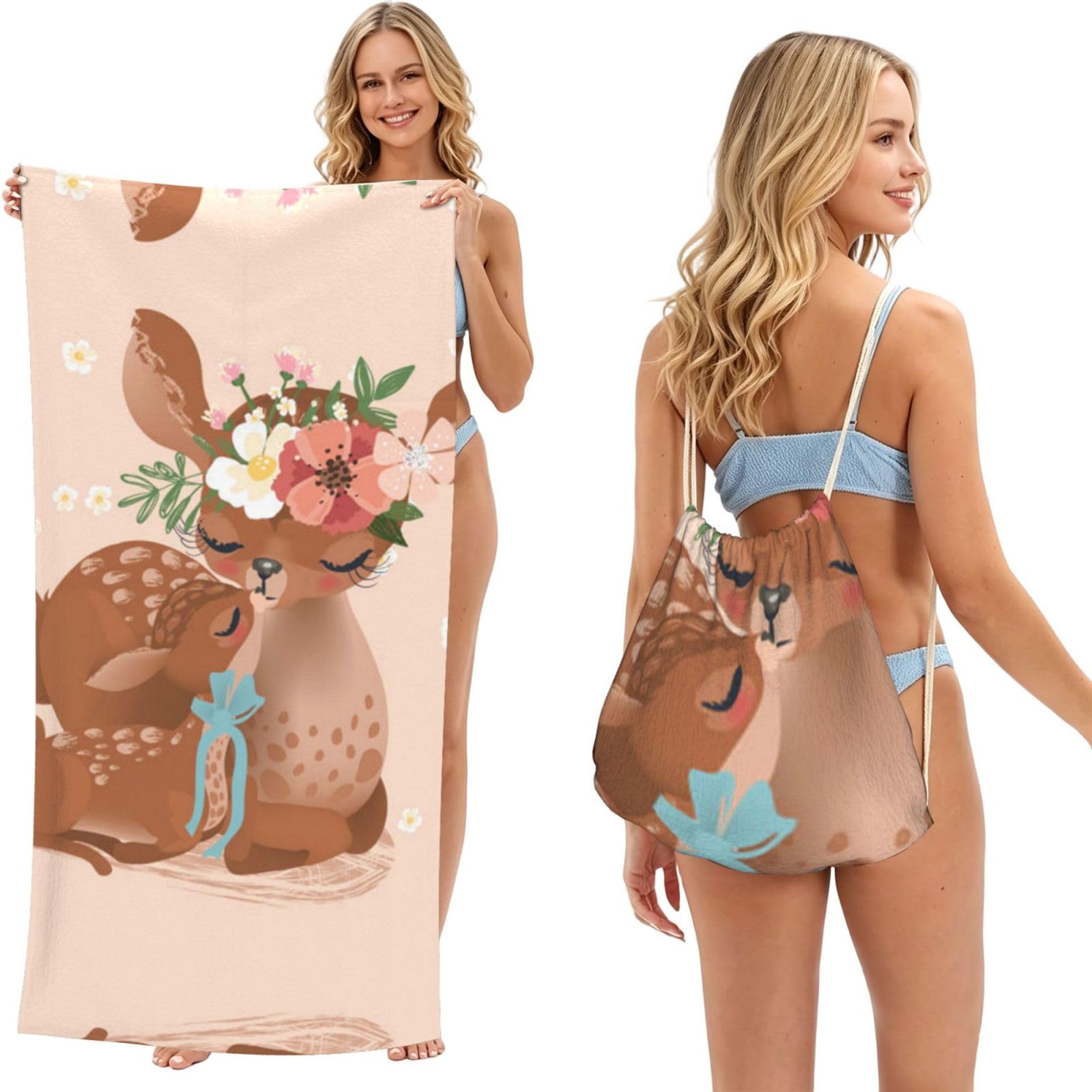 ESNAIUVCD Cute Deer In Flowers Print Beach Towel For Adults,Towel With Drawstring Bag, Travel Pool Swimming Sports Shower Sand Free Quick Dry Bath Towel For Pool, Beach, Yoga- 180x60cm